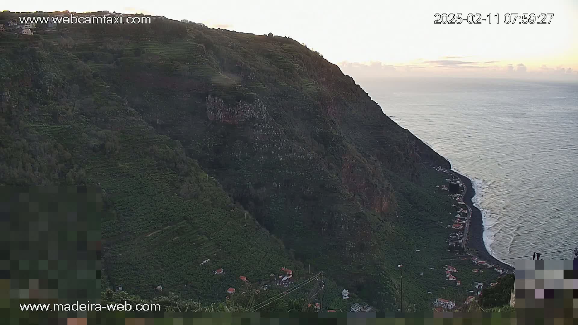 A verdant, terraced hillside descends to a dark-sand beach and calm ocean under a pale, sunrise sky.