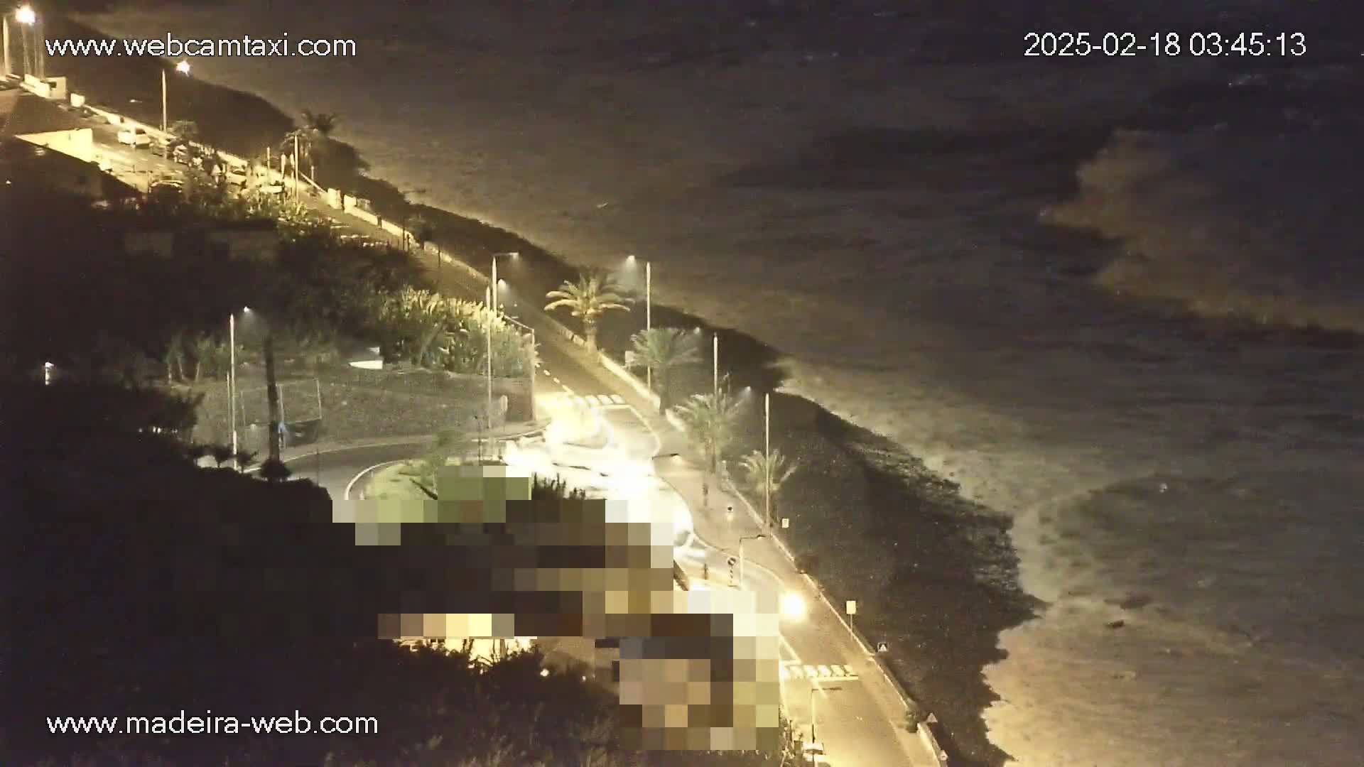 A nighttime, high-angle view shows a dark ocean with moderate waves lapping a shoreline road lined with palm trees and buildings.