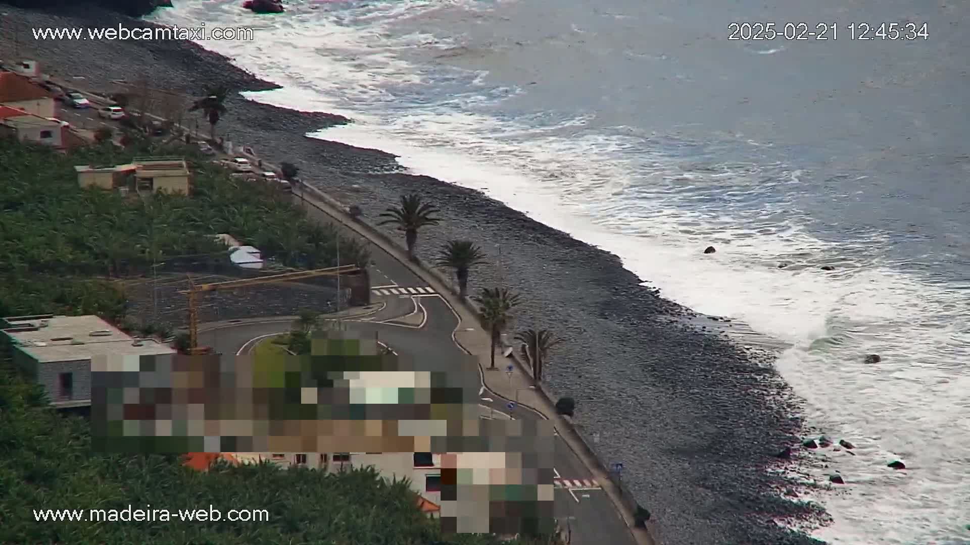 A rocky beach with moderate waves laps against the shore next to a road lined with palm trees and buildings.