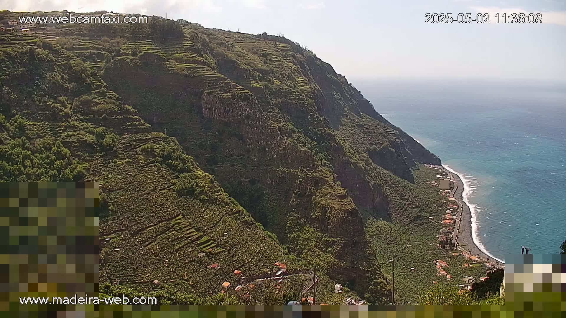 A steep, verdant cliffside, terraced with cultivated land, slopes down to a dark-sand beach and a calm ocean under a mostly clear sky.