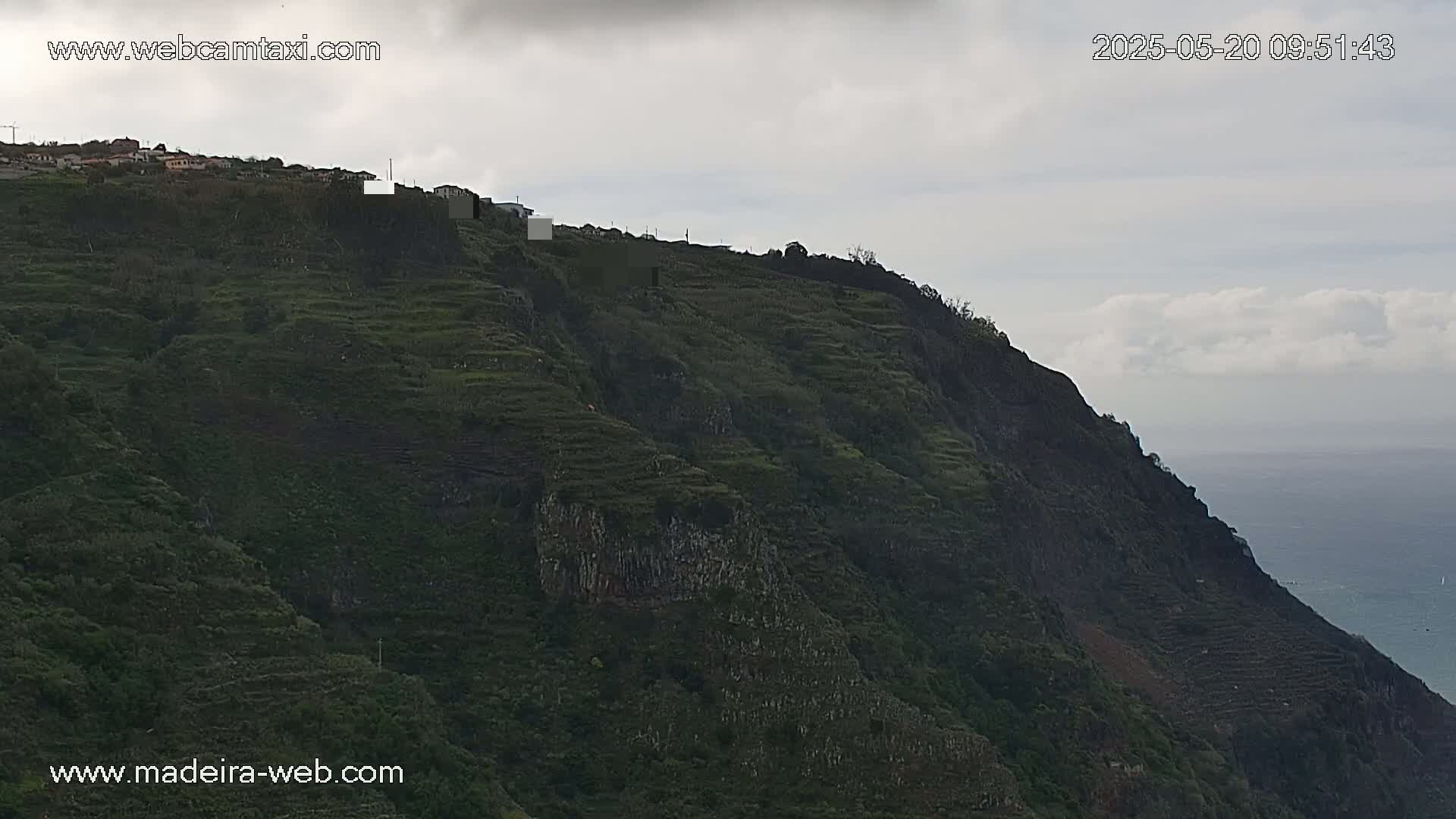 A steep, terraced hillside covered in dark green vegetation overlooks a calm ocean under an overcast sky.