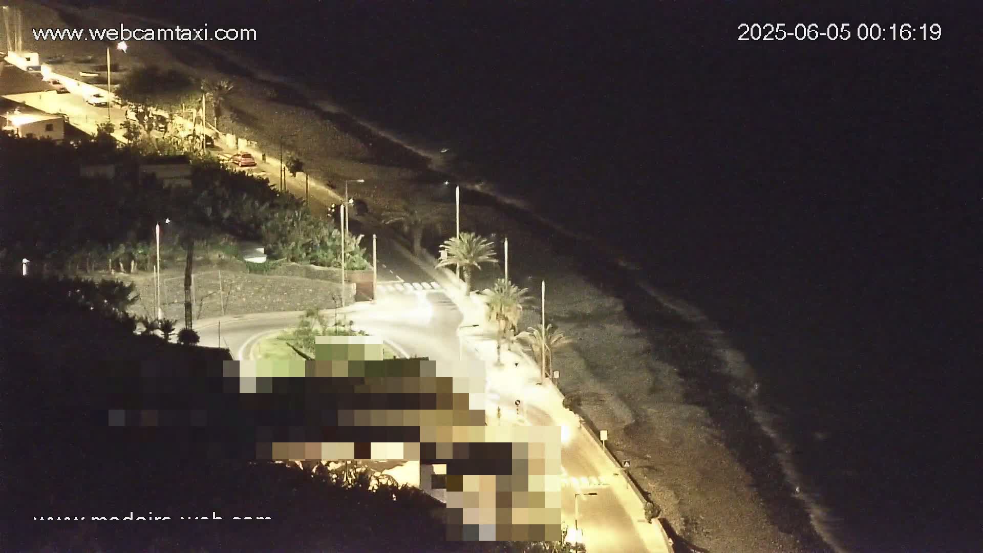 A nighttime, overhead view shows a dark, pebbled beach next to a roadway with palm trees and buildings, under a clear, dark sky.