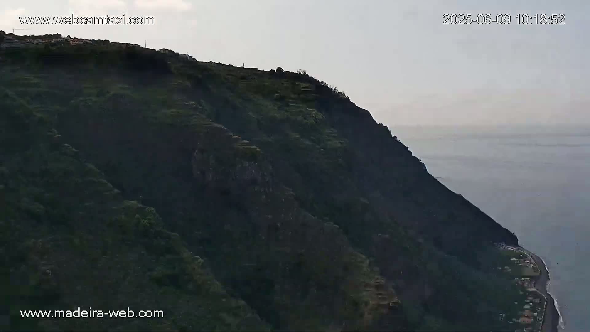 A verdant cliffside slopes down to a calm ocean under a mostly cloudy sky.