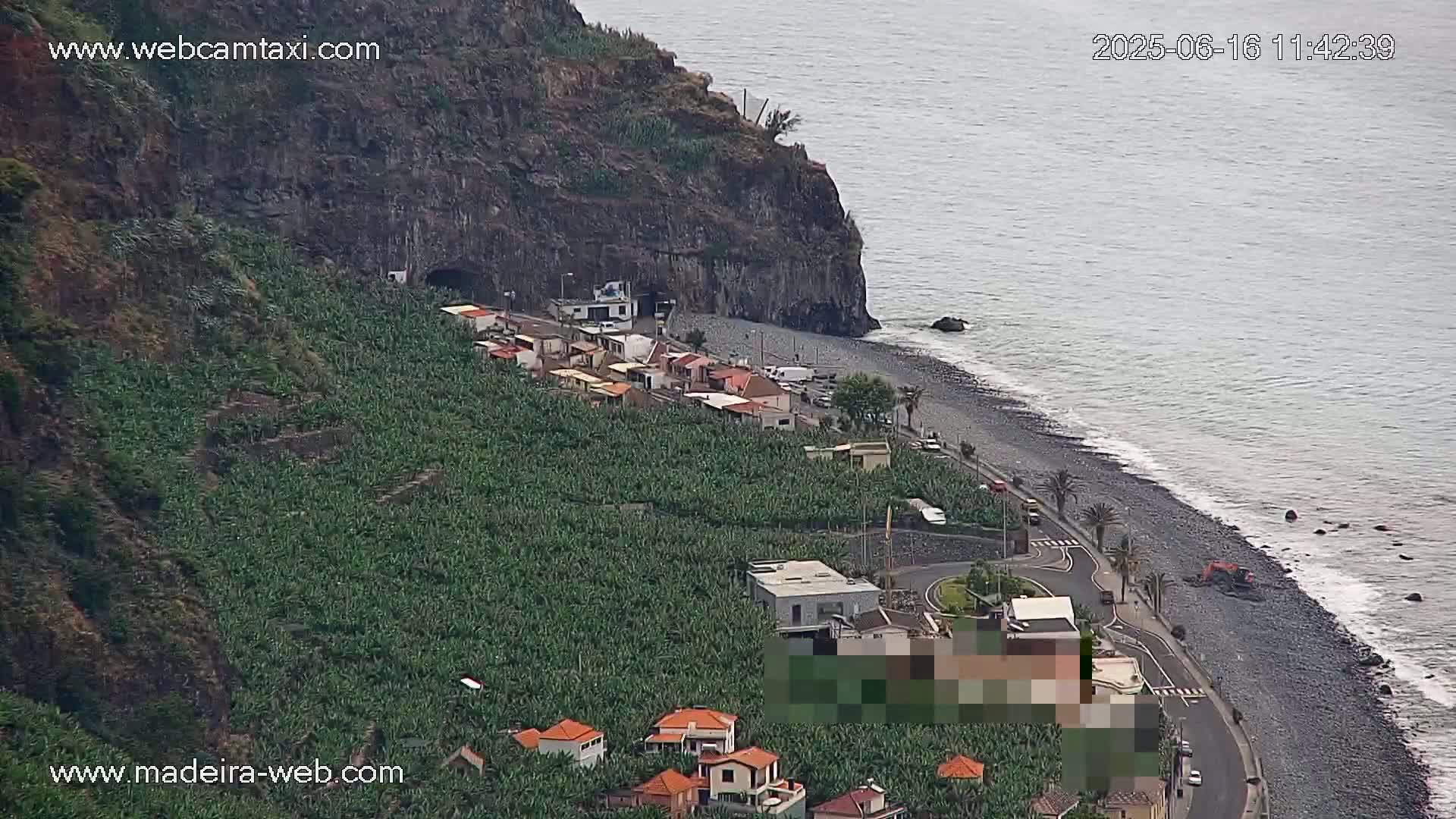 A coastal village nestled beside a dark-grey-sand beach, backed by a steep cliff and extensive banana plantations, on an overcast day.