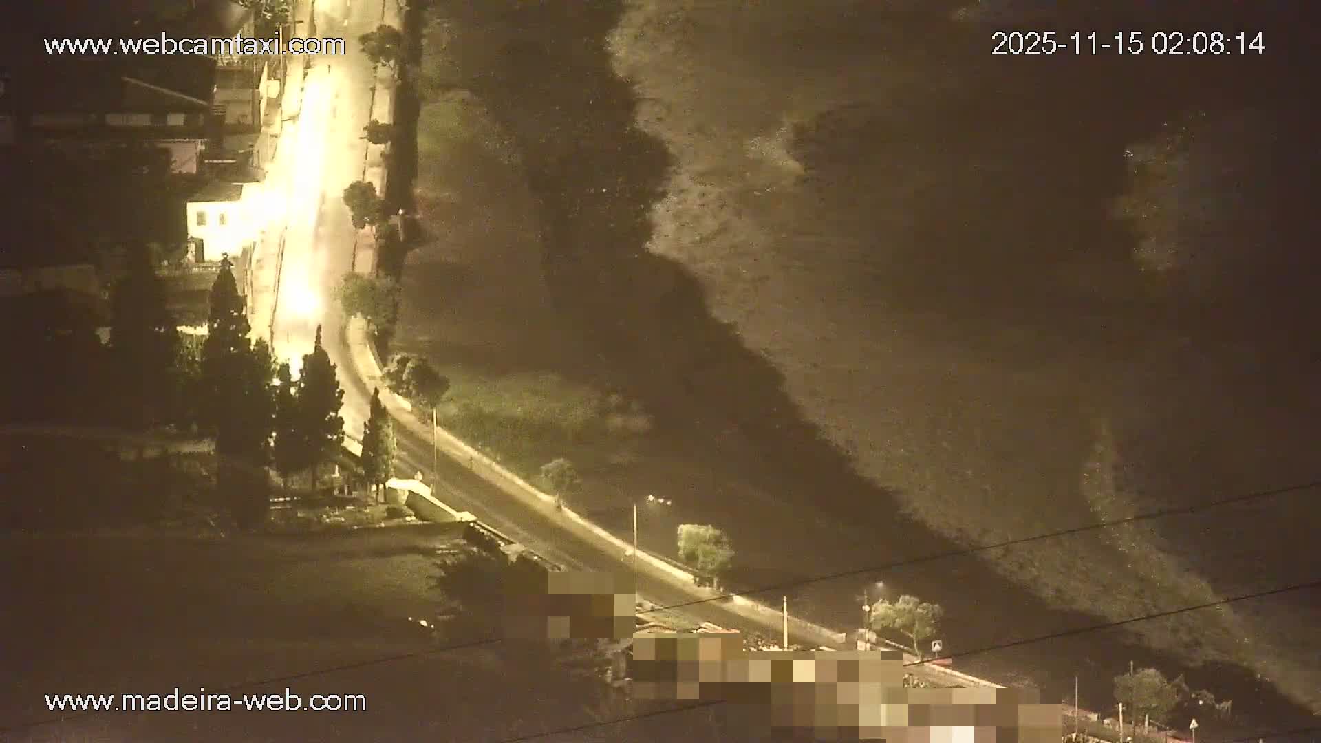 A dark, nighttime scene reveals a wet, reflective road winding through a tree-lined area with some buildings on the left, alongside a dark, sloping hillside, suggesting recent rainfall.