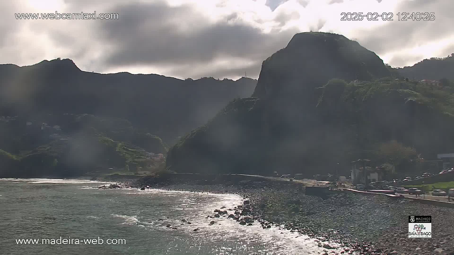 A rocky coastline with dark mountains under a partly cloudy sky meets a gently crashing ocean.