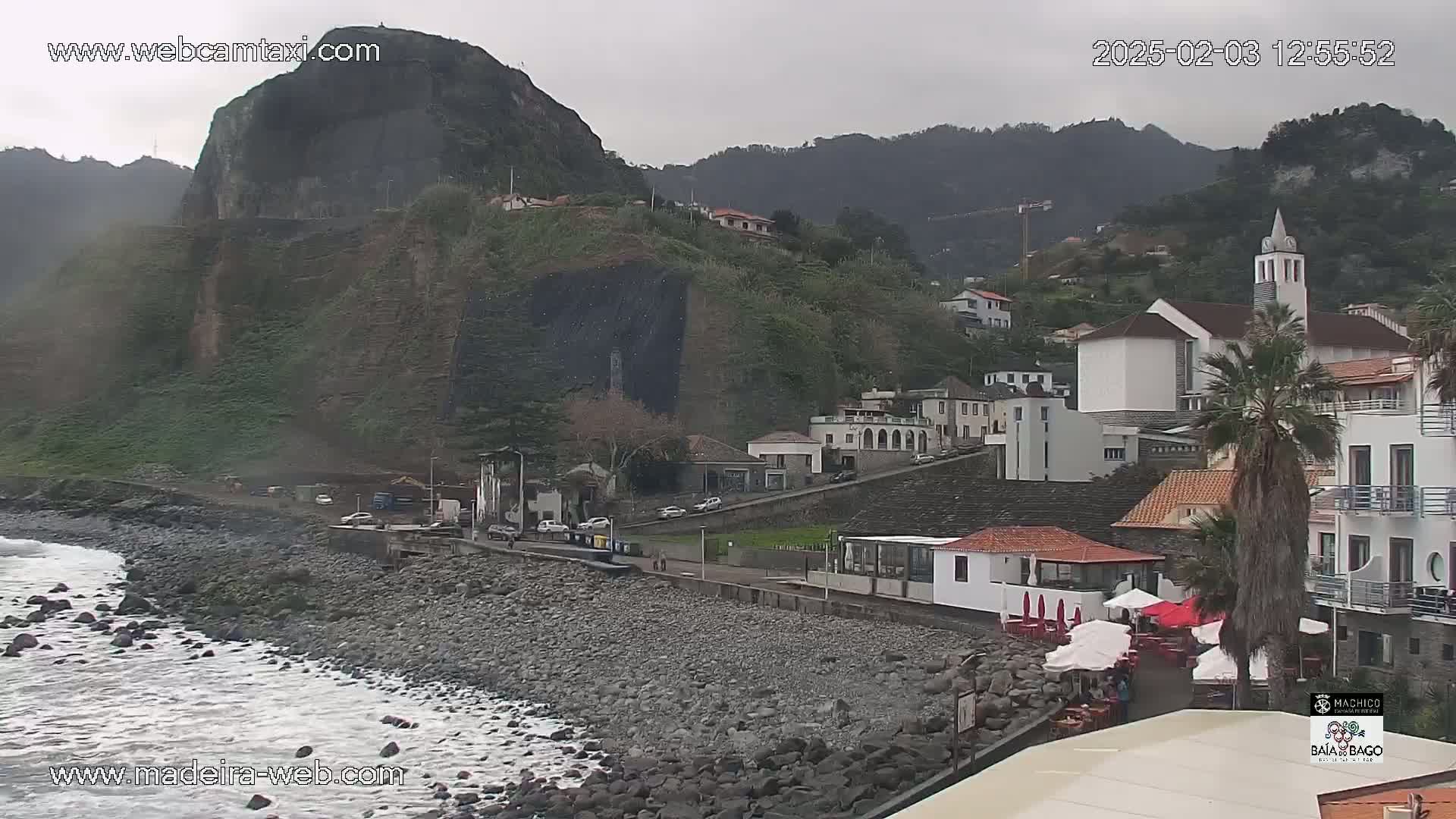 A rocky shoreline with a village nestled against a steep, green hillside under an overcast sky.