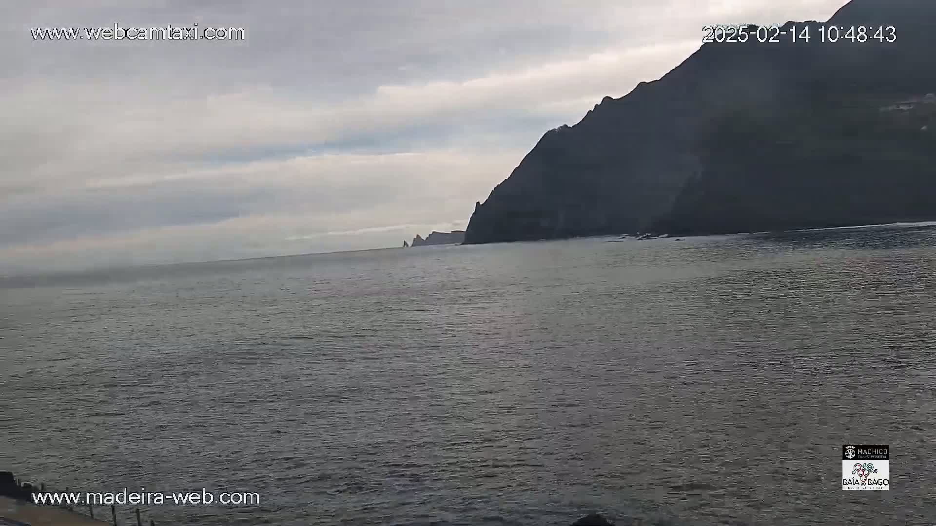 A dark, rocky cliff faces a calm, gray ocean under a cloudy sky.