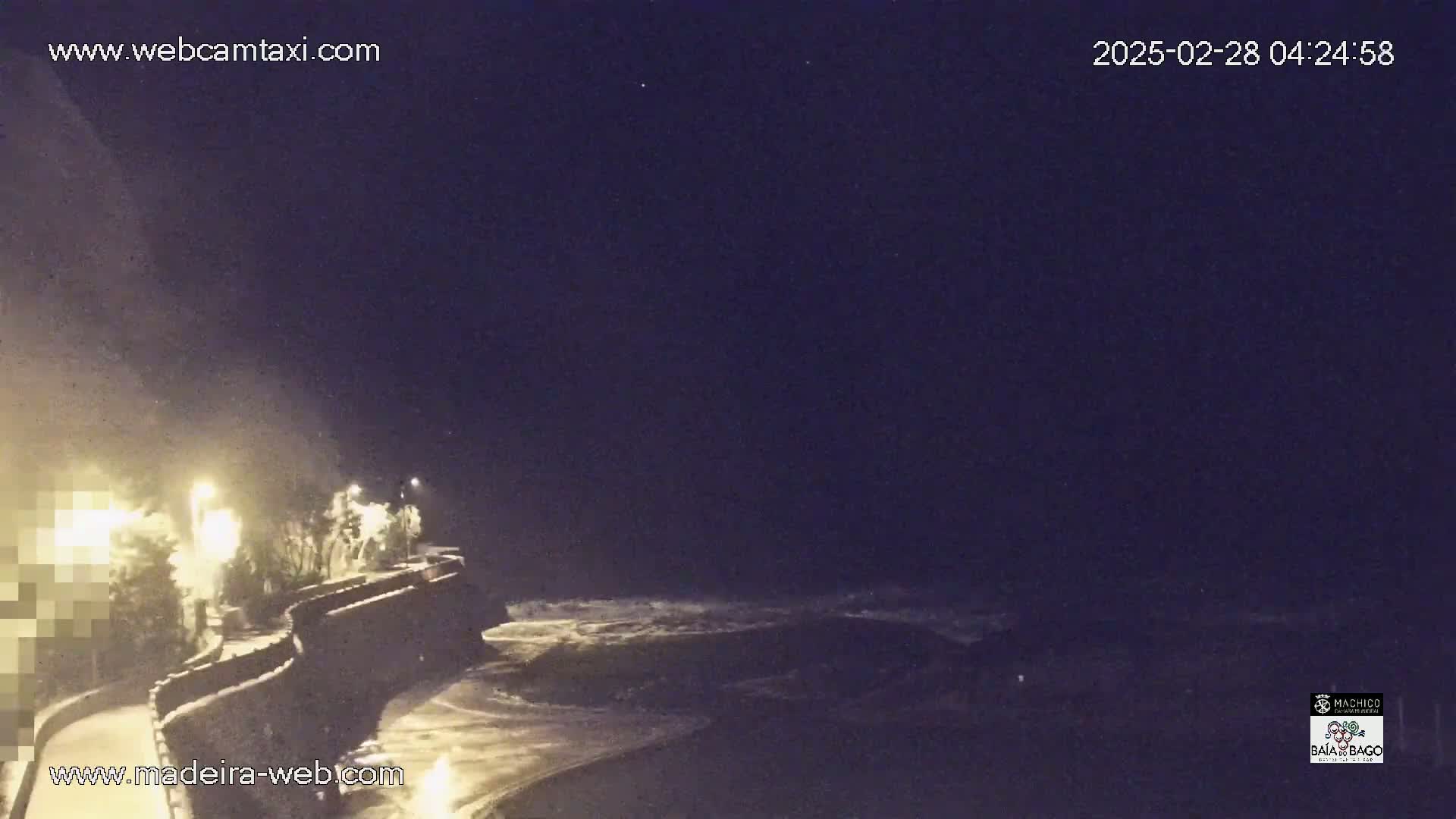 A nighttime coastal scene shows a dark, wavy ocean under a clear, dark sky, with illuminated trees and a stone wall along the shoreline.