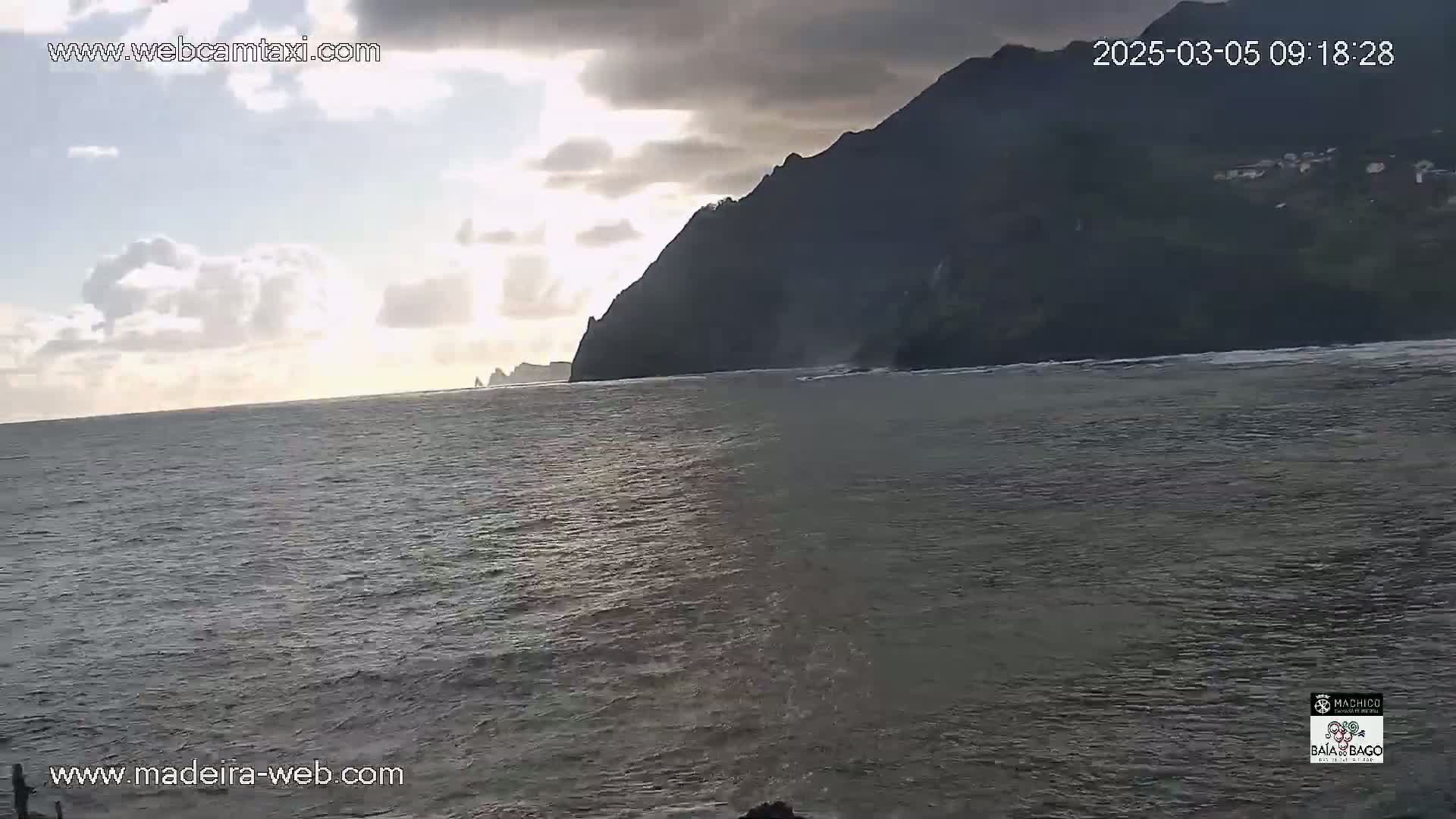 A partly cloudy sky illuminates a dark, rocky coastline and a relatively calm ocean.