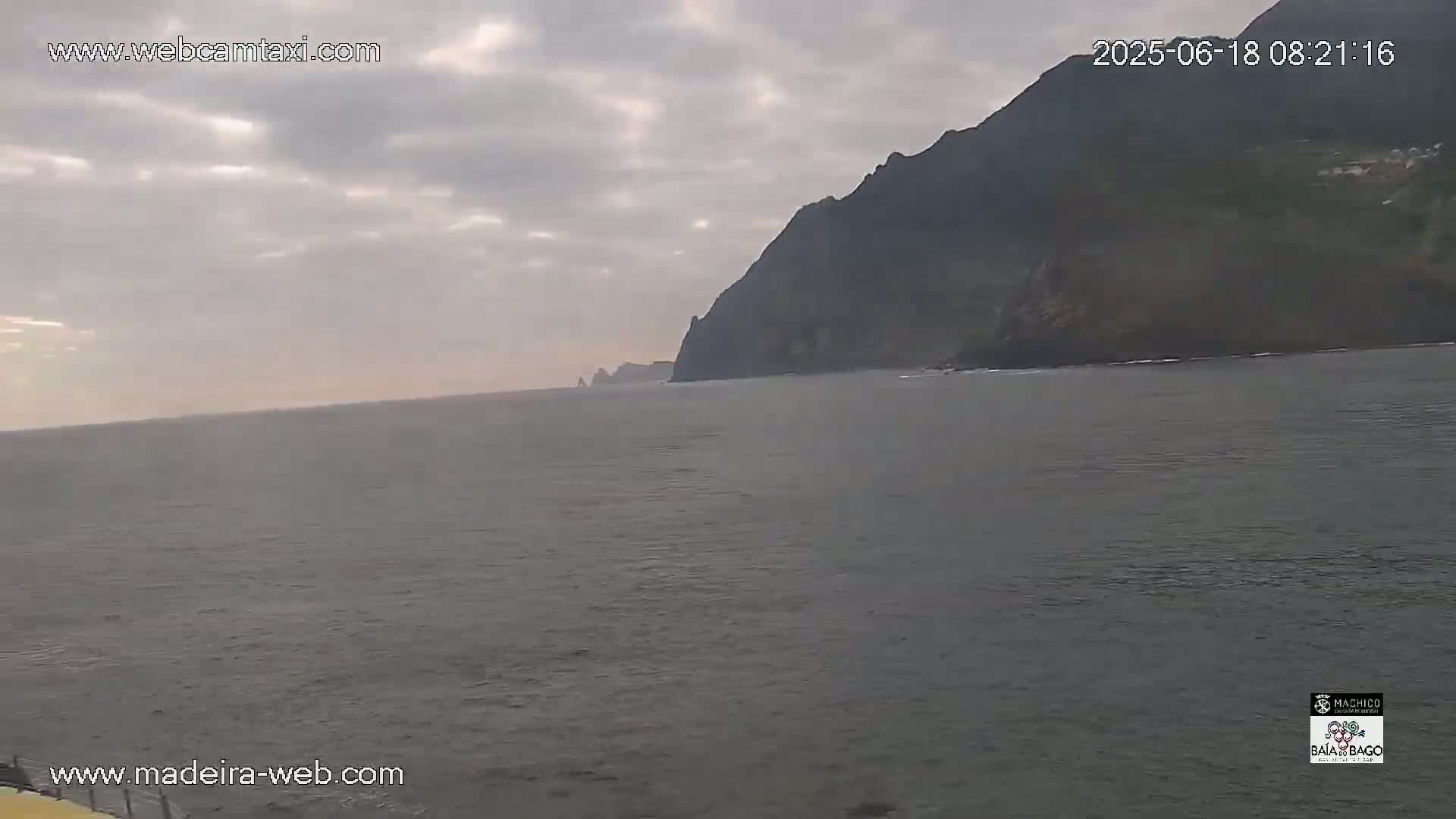 A dark, rocky cliff face stretches along a calm, grey ocean under a mostly cloudy sky.