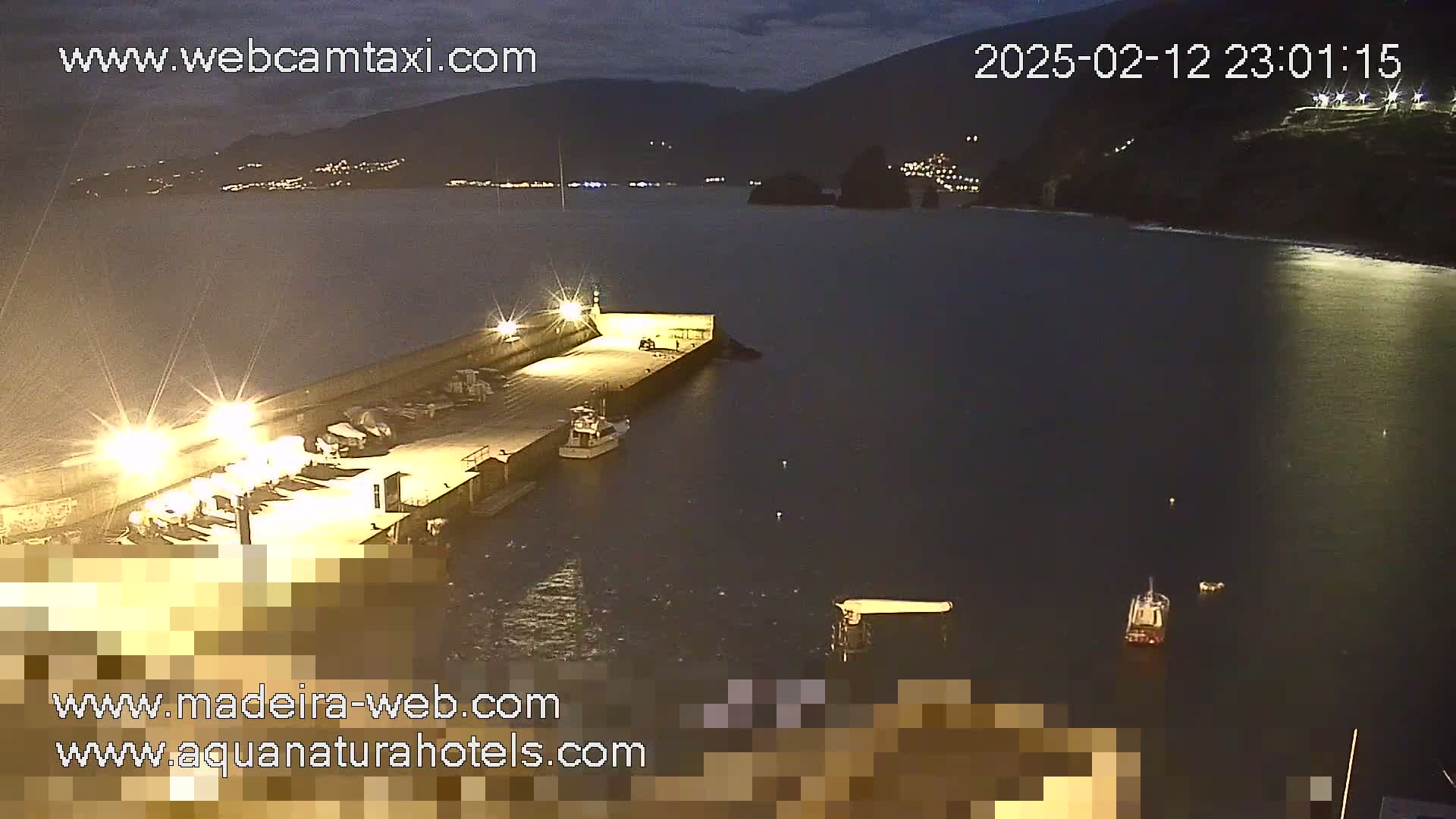 A nighttime view of a harbor with several boats moored at a lit pier, under a dark sky.