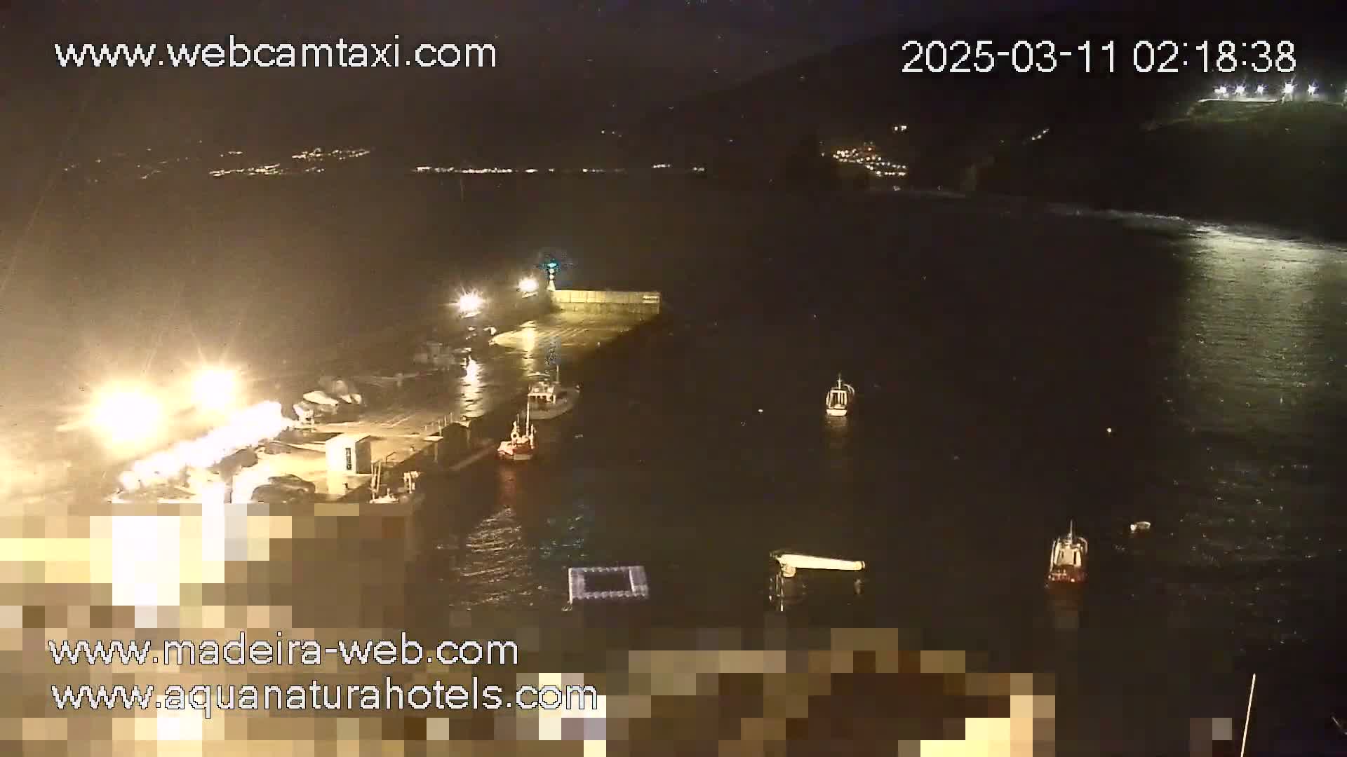 At night, a harbor with several small boats is shown in choppy water under a dark sky.