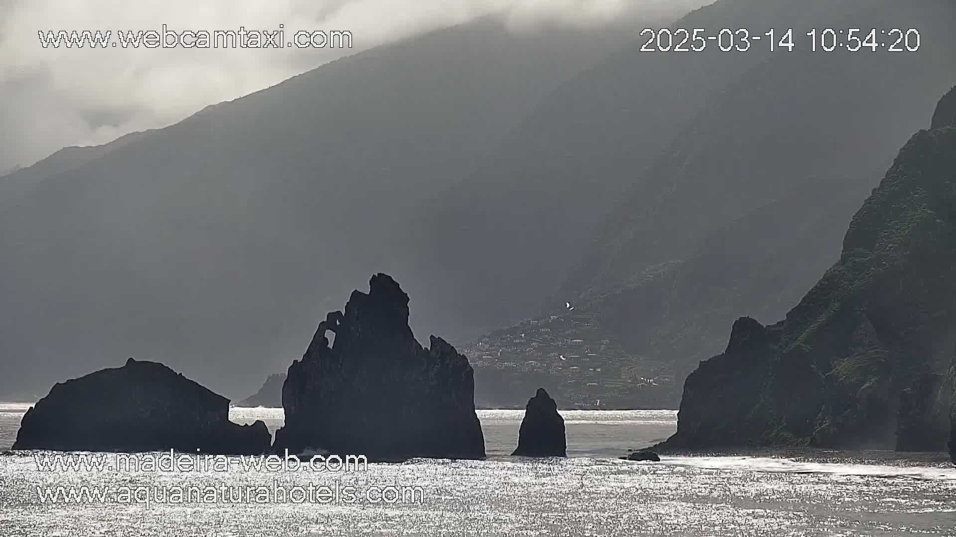 A hazy, overcast day reveals dark, rocky cliffs and sea stacks rising from a glistening ocean.