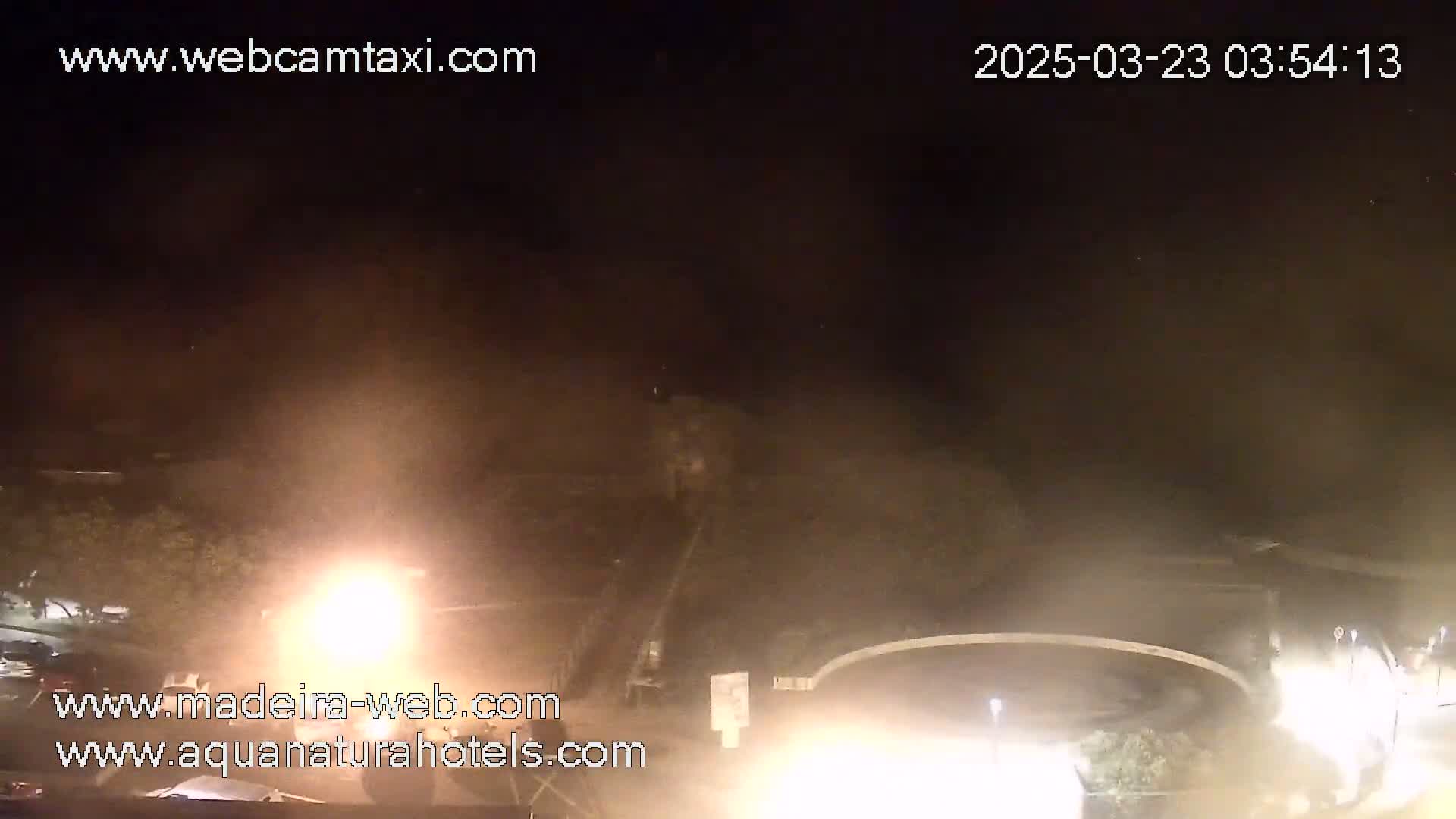 A nighttime, hazy scene shows a parking lot with some lights, vegetation, and a curved structure in the background.
