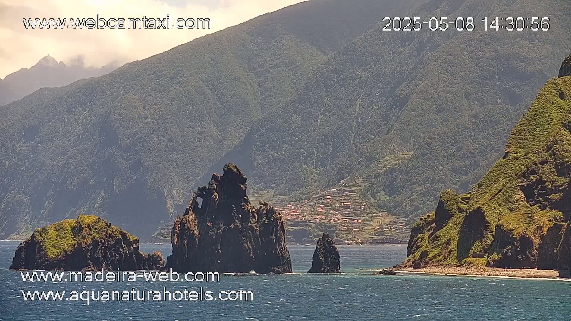 Dark, rocky sea stacks rise from a calm ocean near a verdant hillside village under a mostly clear sky.
