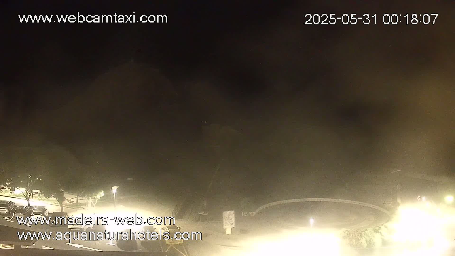 A nighttime, hazy view of a parking lot with a few cars and some trees, illuminated by streetlights.