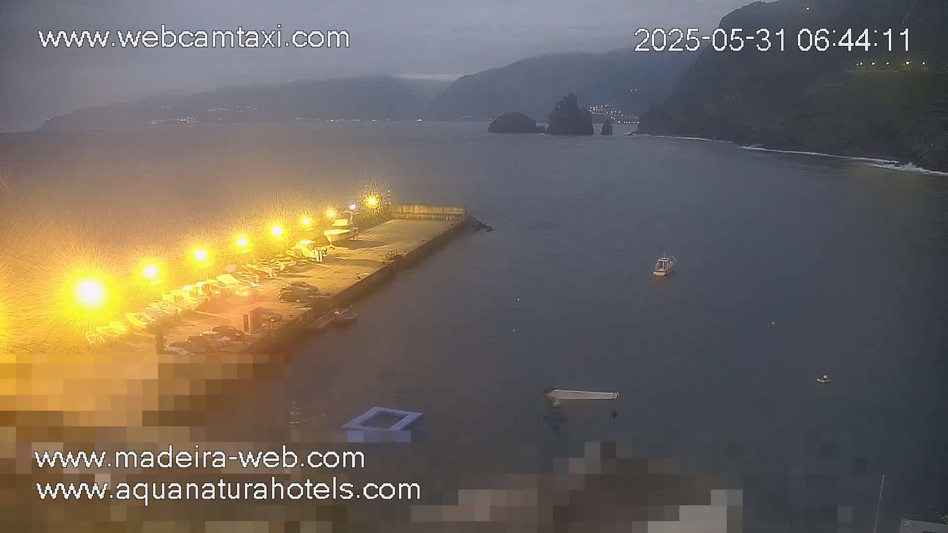 A brightly lit dock with boats at night, next to calm dark water and a distant, dark, mountainous coastline under an overcast sky.