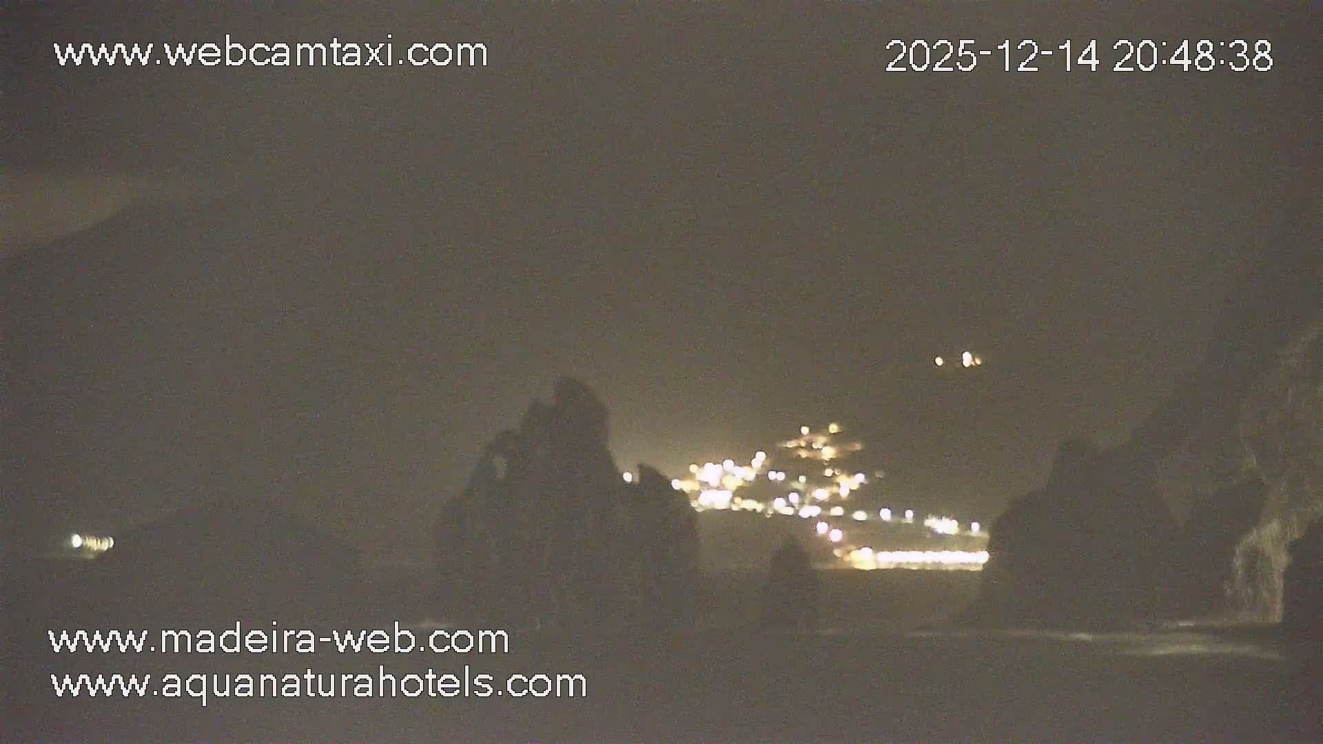 A clear night sky overlooks an outdoor scene brightly decorated with white lights, illuminating a cross-shaped building, a large fountain, and various trees.