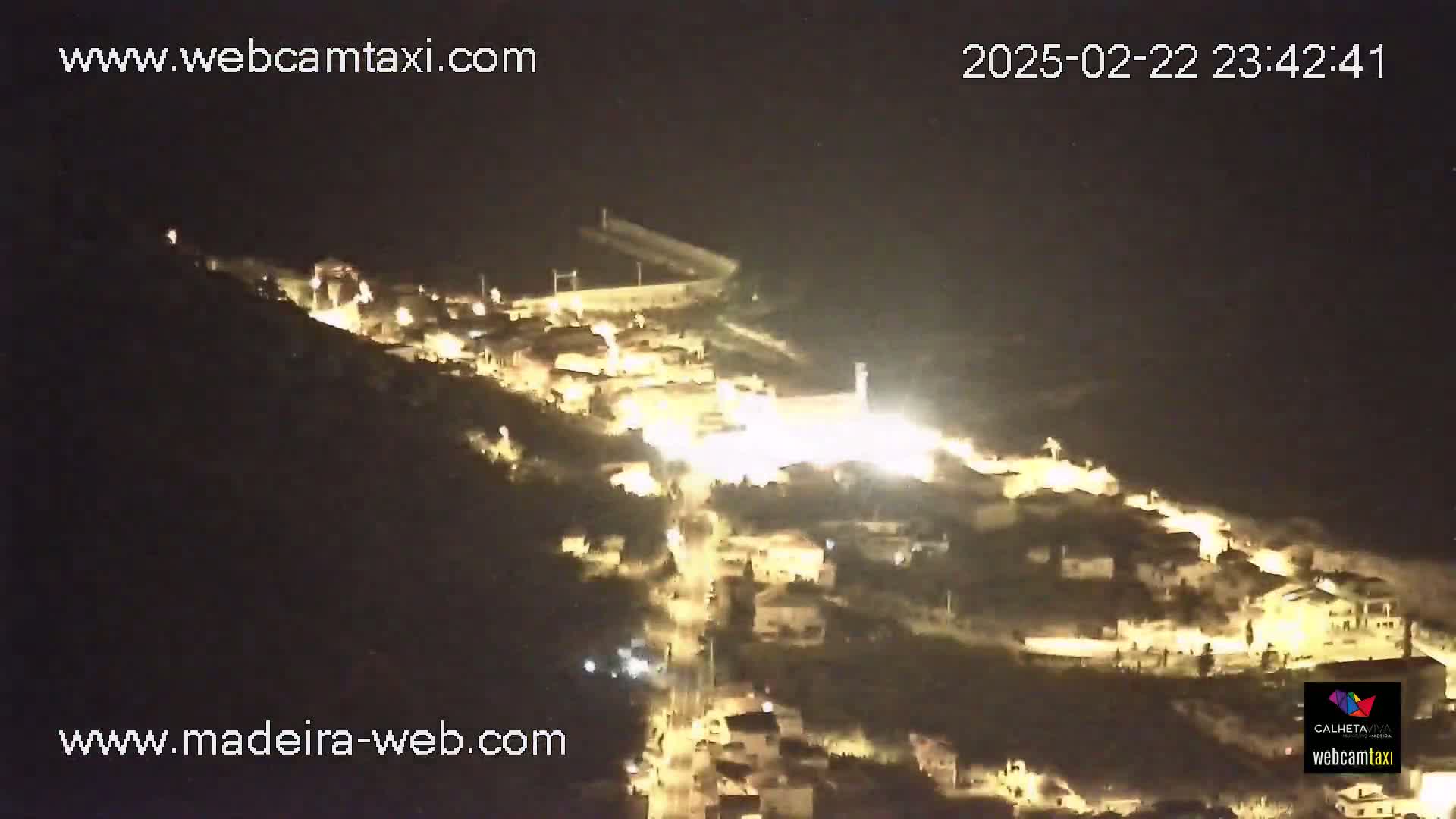 A nighttime, high-angle view shows a coastal town illuminated by lights, nestled on a hillside sloping down toward a dark body of water.