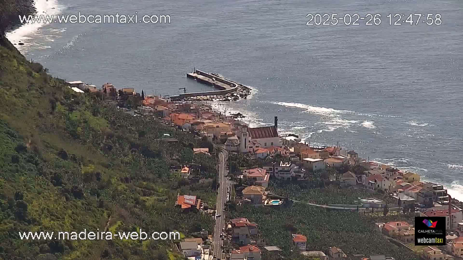 An aerial view shows a coastal town nestled against a hillside, with a small harbor and calm ocean under a sunny sky.