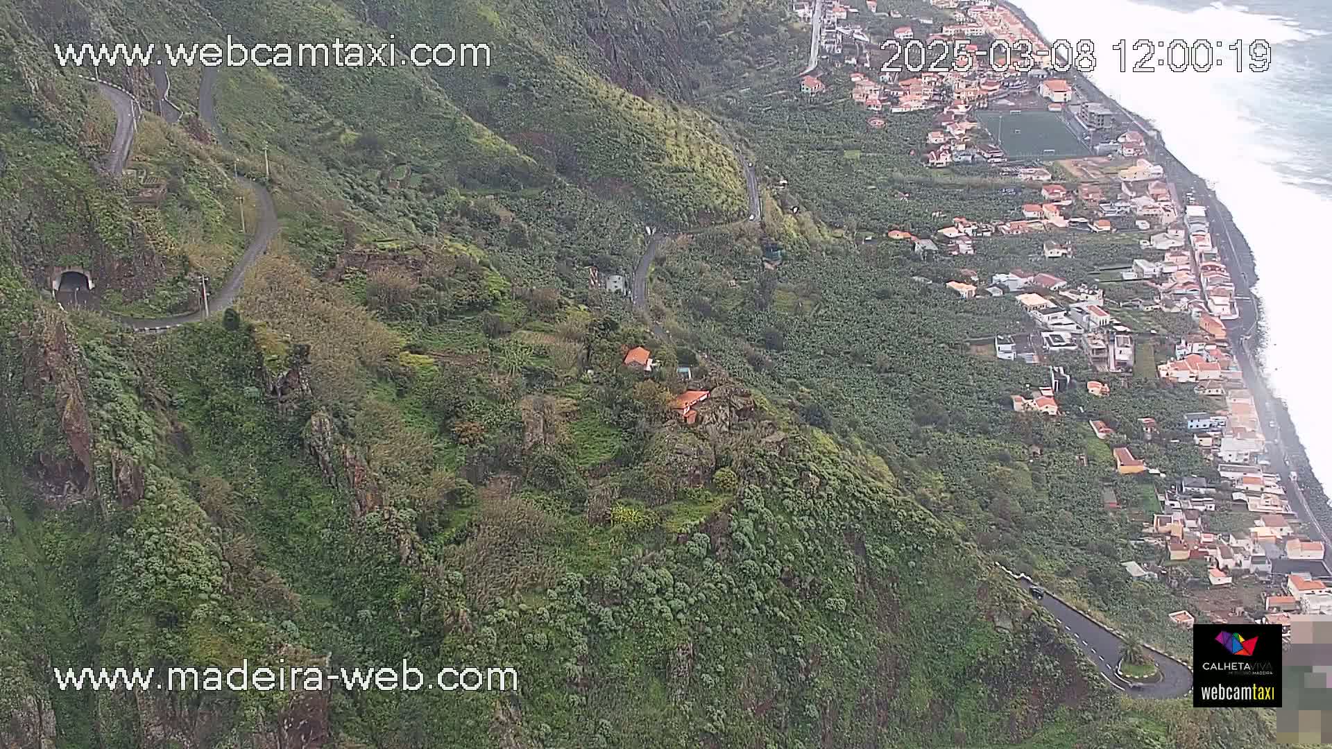 A high-angle view shows a winding road curving down a lush, green hillside towards a coastal town with buildings lining a dark-colored shoreline under overcast skies.
