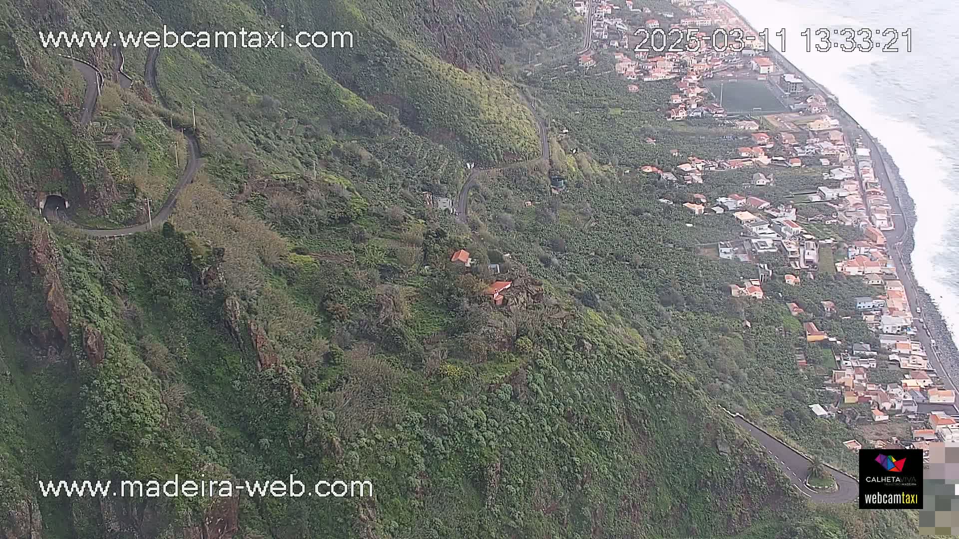 A winding road descends a lush, green hillside toward a coastal village and ocean with breaking waves.