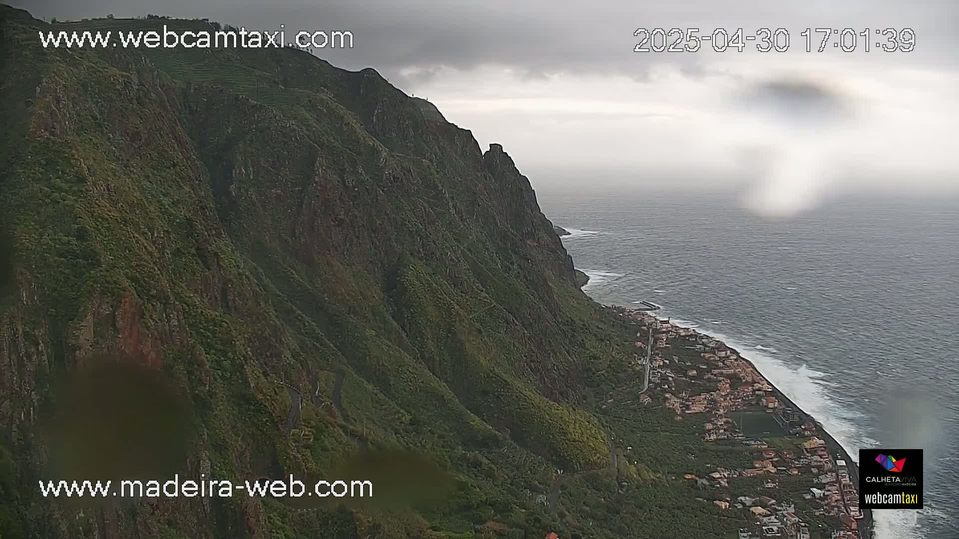 A steep, green cliffside descends to a coastline with a small town and ocean under an overcast sky.