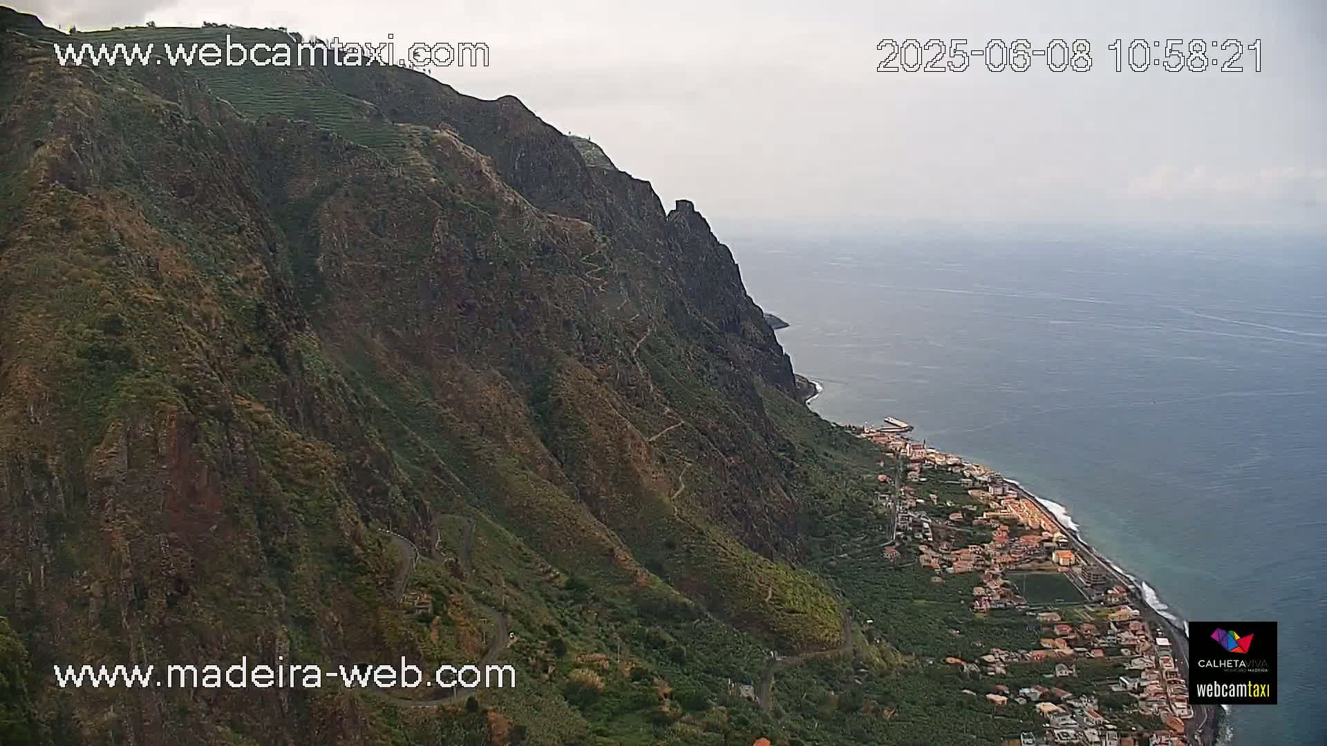 A steep, verdant cliffside overlooks a coastal town and calm ocean under an overcast sky.