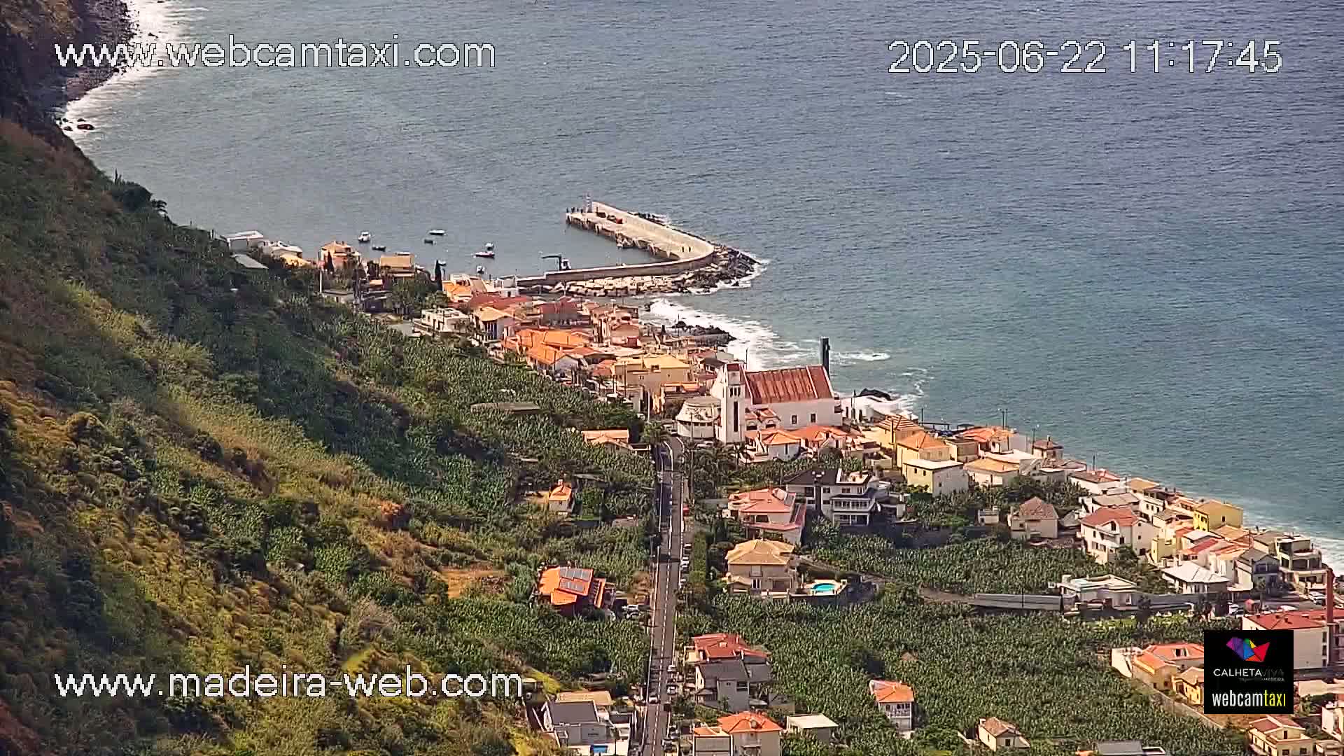 A coastal town with a small harbor nestled between a steep, green hillside and a calm ocean on a sunny day.
