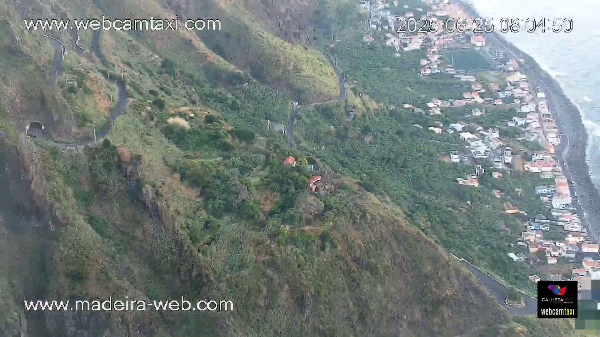 A winding road snakes down a lush, green mountainside overlooking a coastal town and ocean under overcast skies.