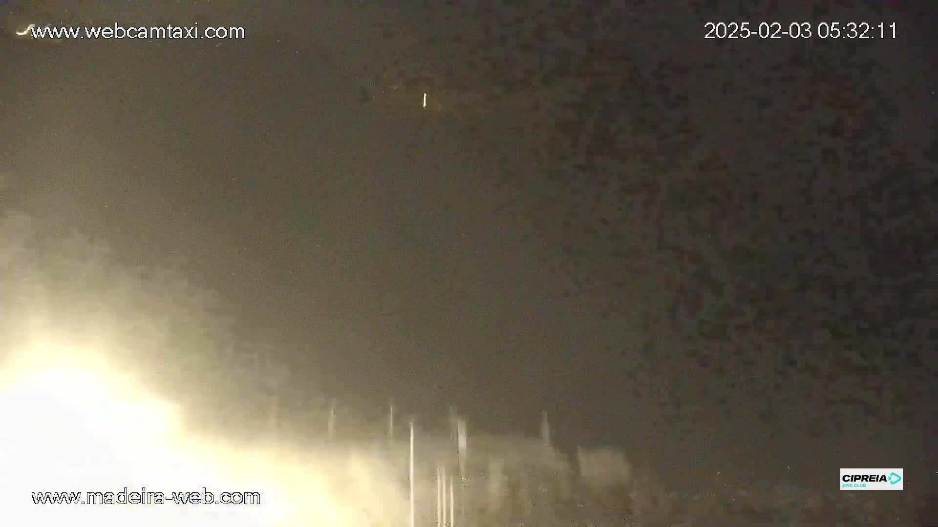 A nighttime, blurry outdoor scene shows a bright light source in the lower left corner and what appears to be tall, thin objects in the center, under a dark, cloudy sky.