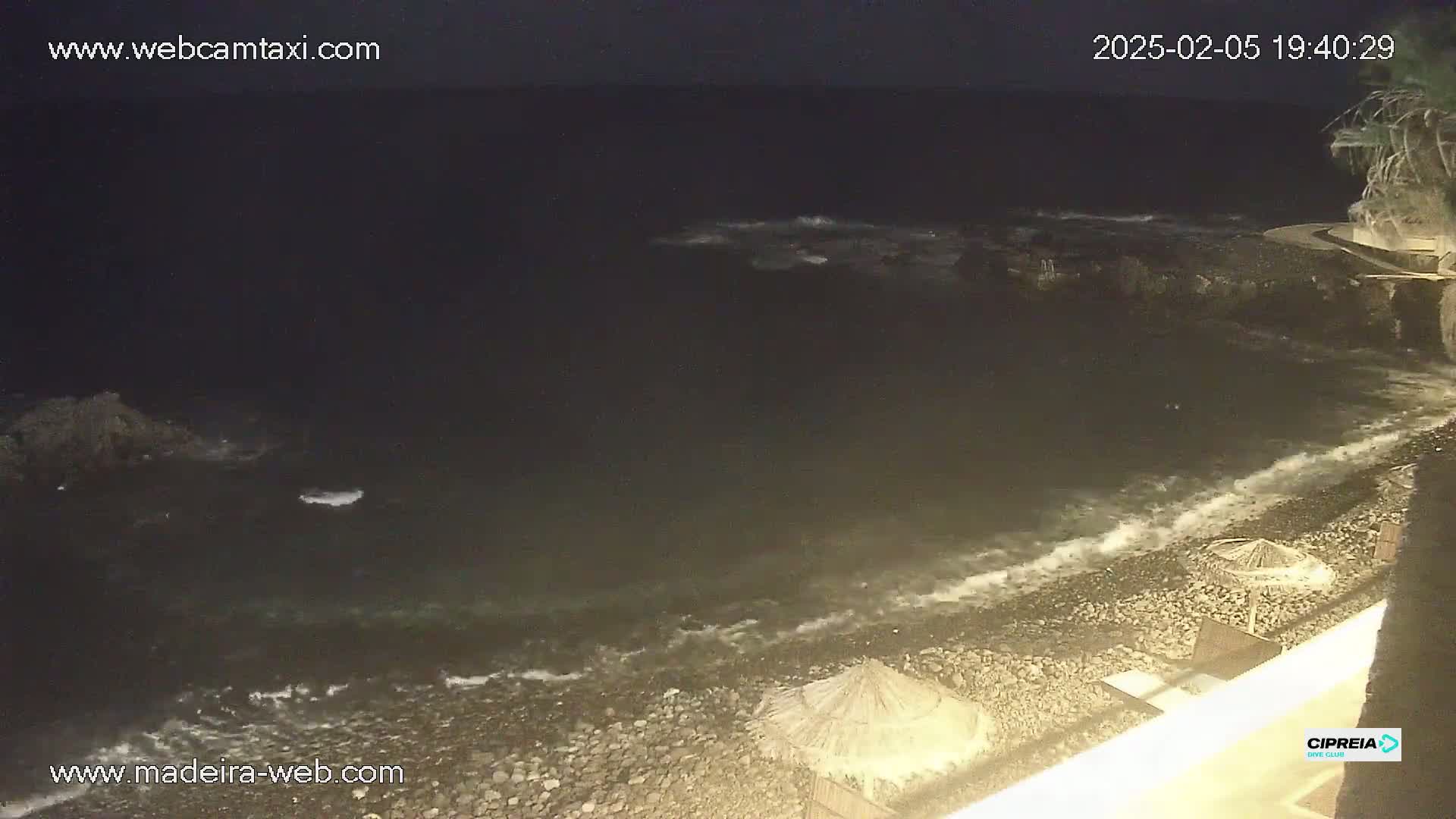 A dark, nighttime view of a rocky beach with gentle waves lapping the shore, under a clear night sky.