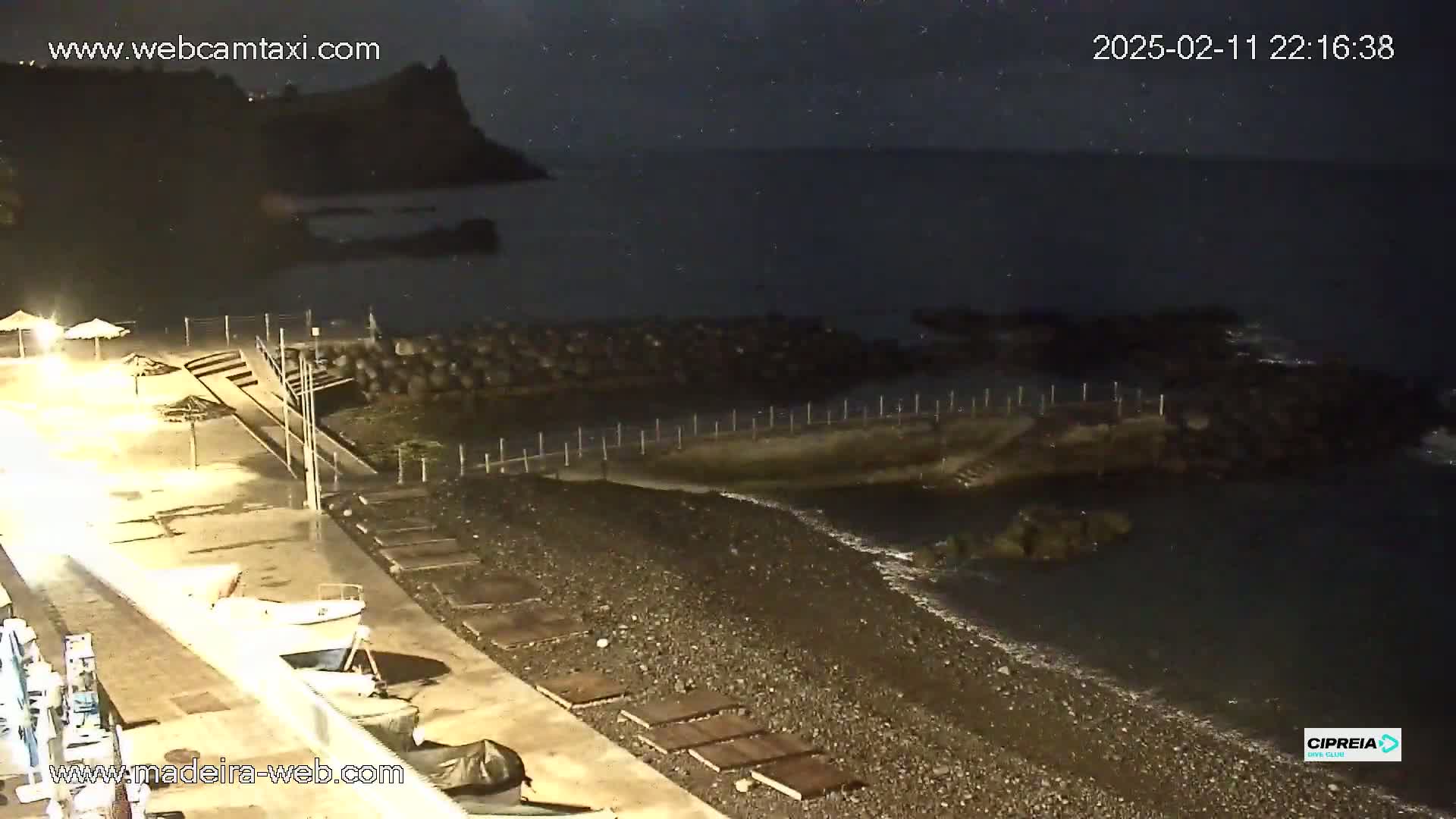A dark, nighttime view of a rocky shoreline with a small beach, some boats, and a few lights visible on land under a starry sky.