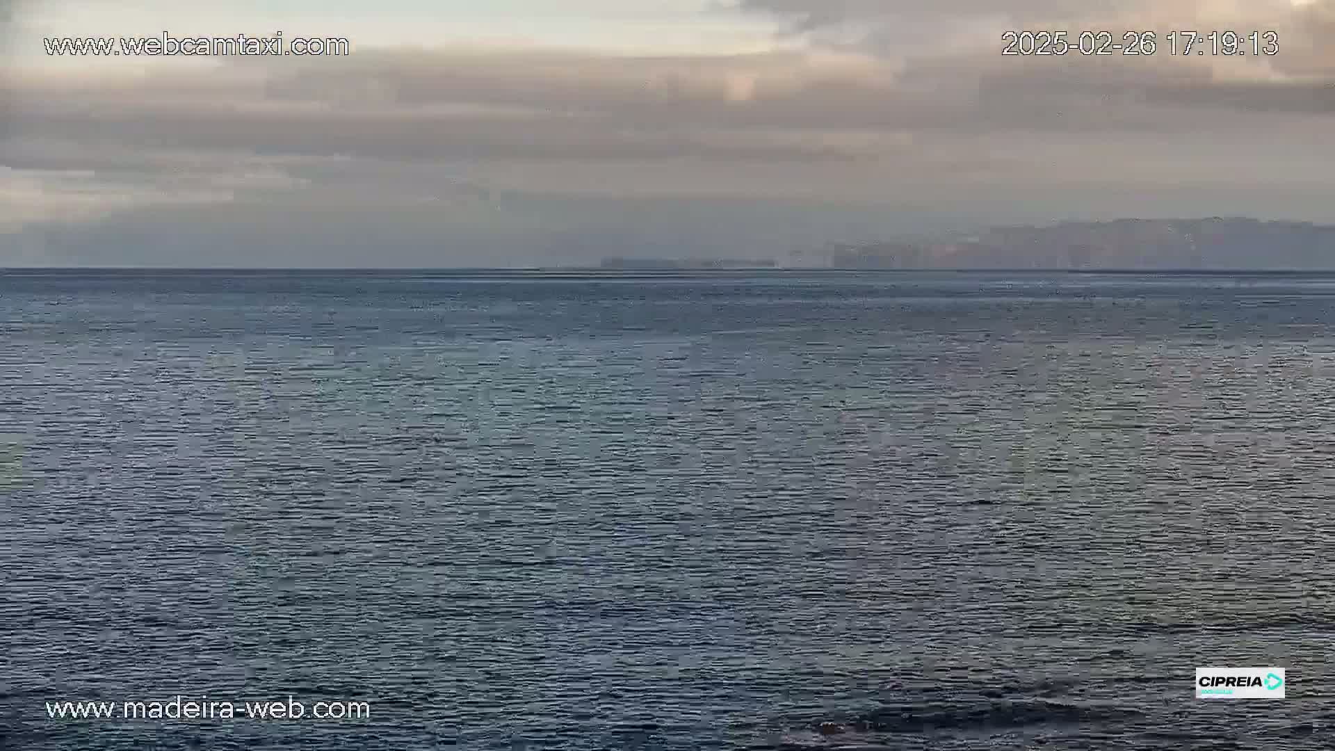 A calm, dark-grey ocean stretches to a hazy, indistinct shoreline under a cloudy sky.
