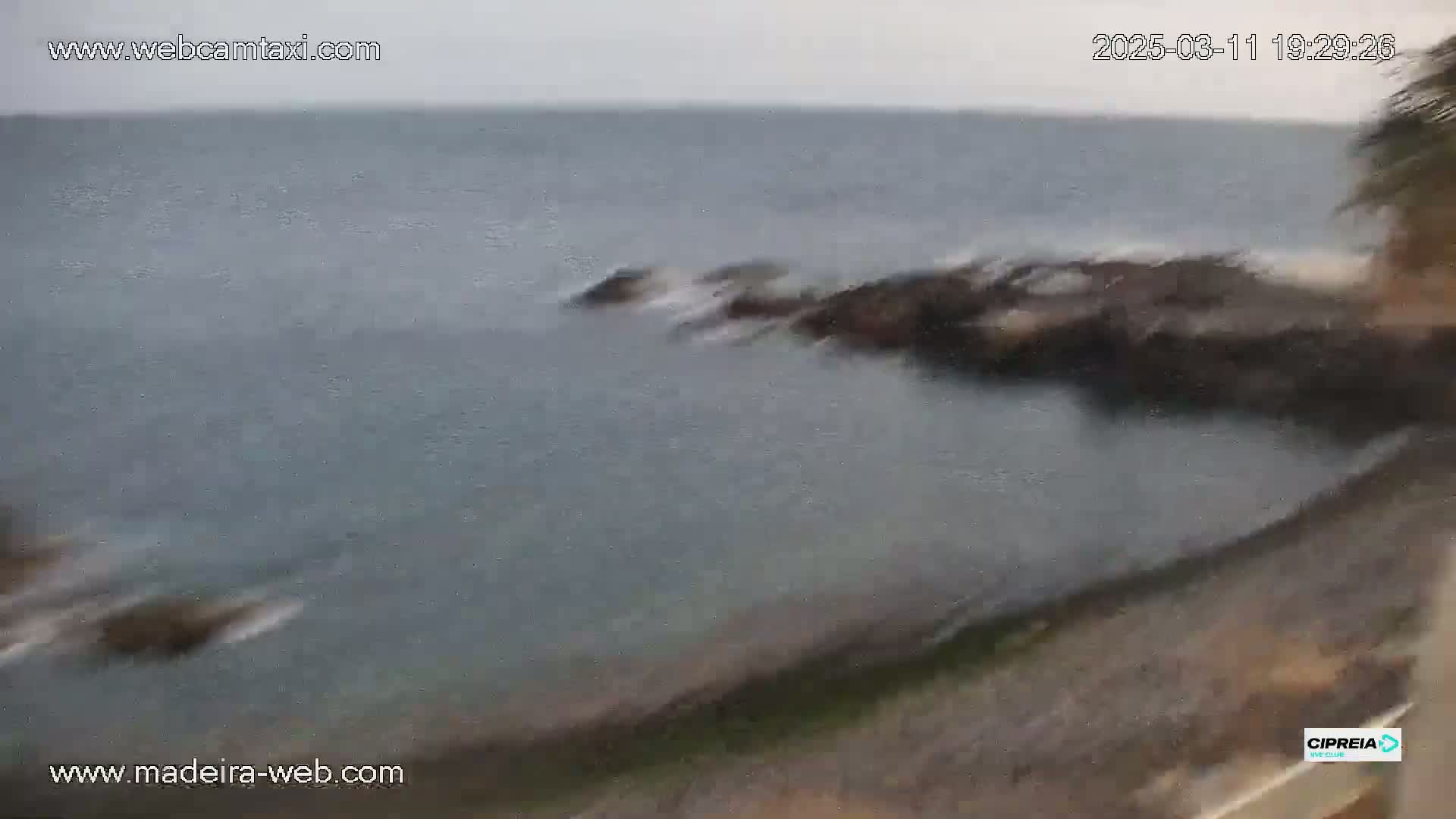 A grey, overcast day shows a rocky shoreline meeting a choppy sea.