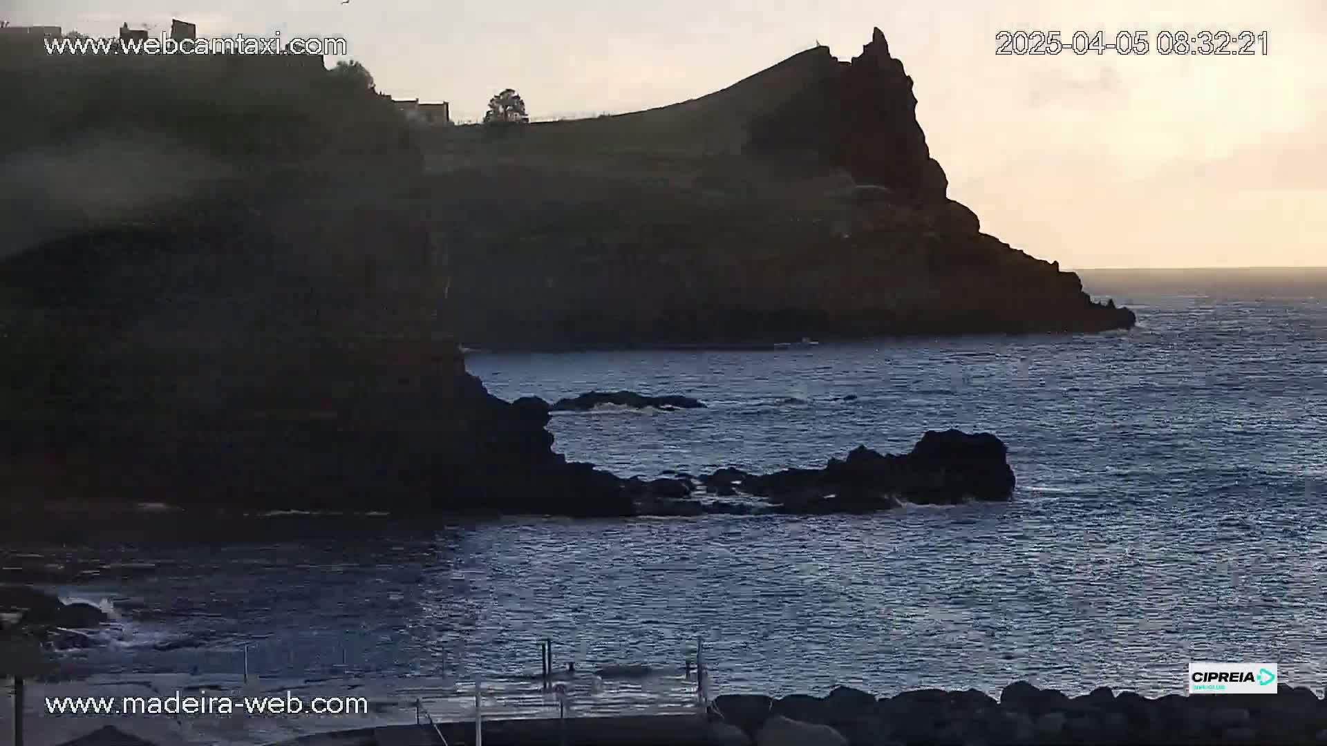 Dark, rocky cliffs meet a calm, dark-blue ocean under a dusky sky.