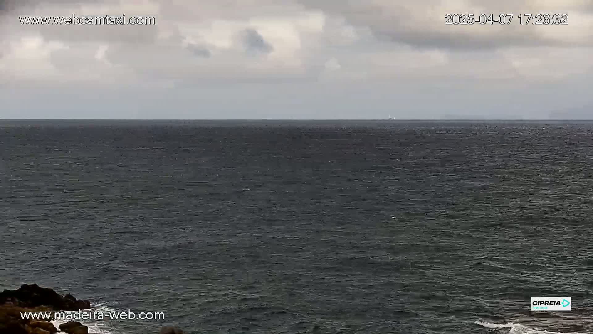 A dark, somewhat choppy ocean is visible under a cloudy sky, with a distant vessel on the horizon.