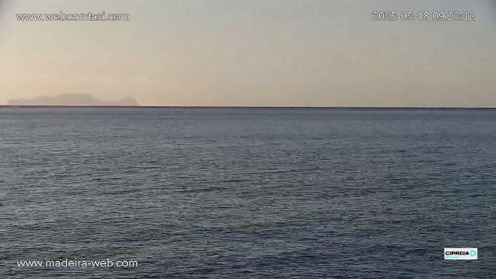 A calm, gray ocean stretches to a hazy horizon where distant land is barely visible under a pale sky.