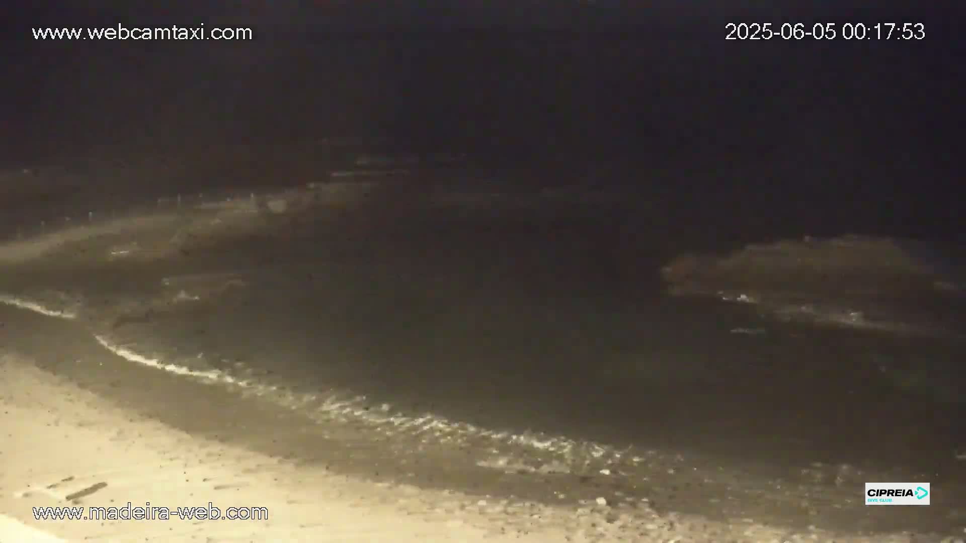 At night, gentle waves lap a dark sandy shore under a dark sky.