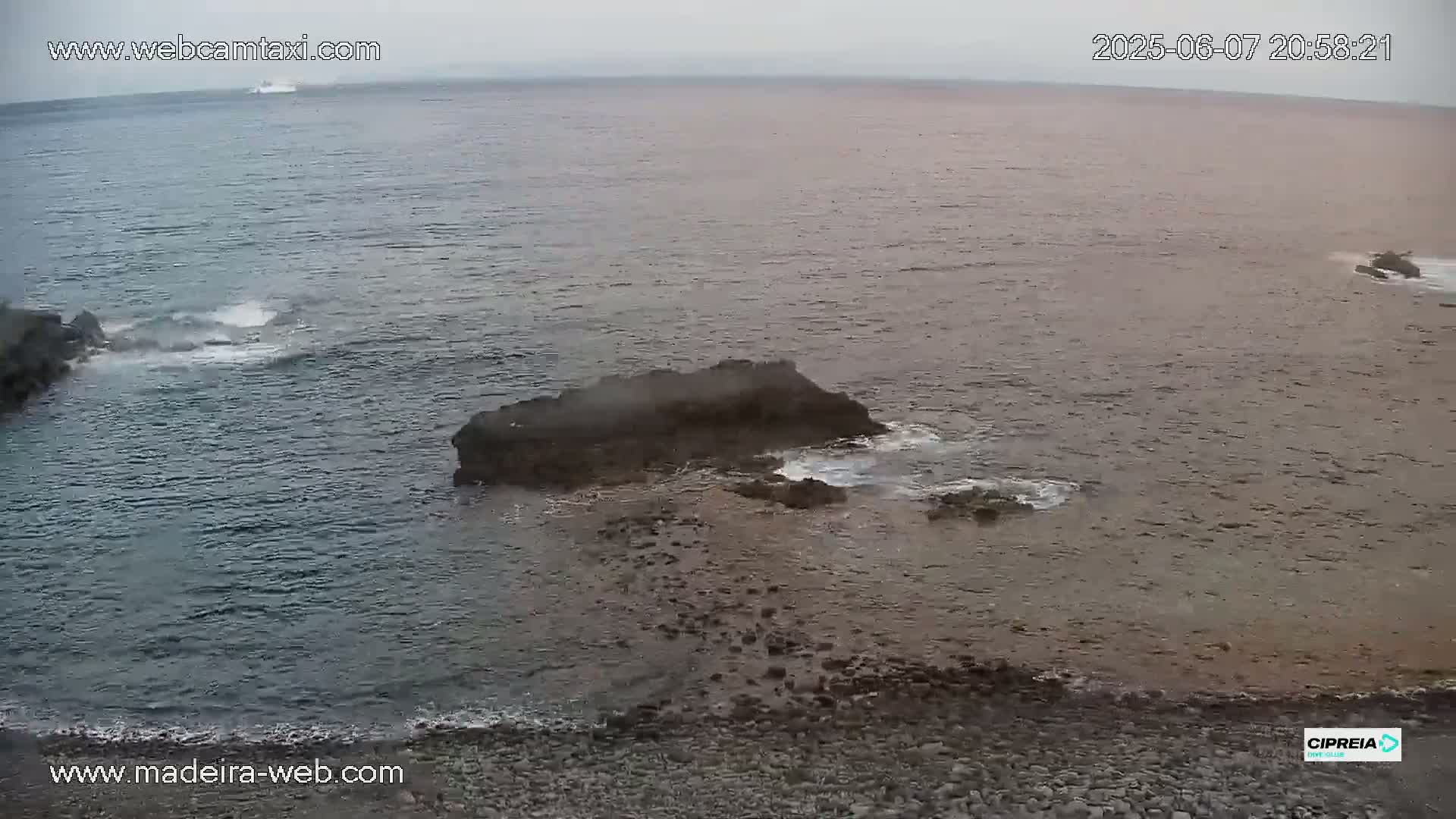 A rocky shoreline meets a calm, gray ocean under an overcast sky.