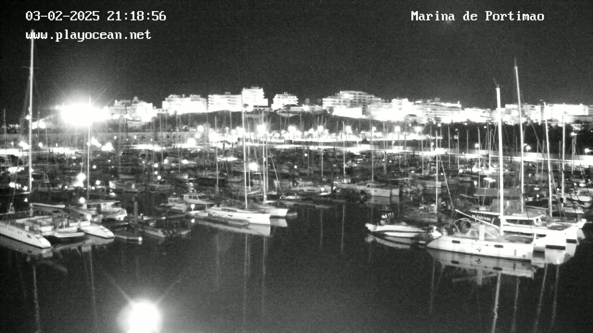 A nighttime view of a marina filled with many boats, docked under a clear, dark sky.