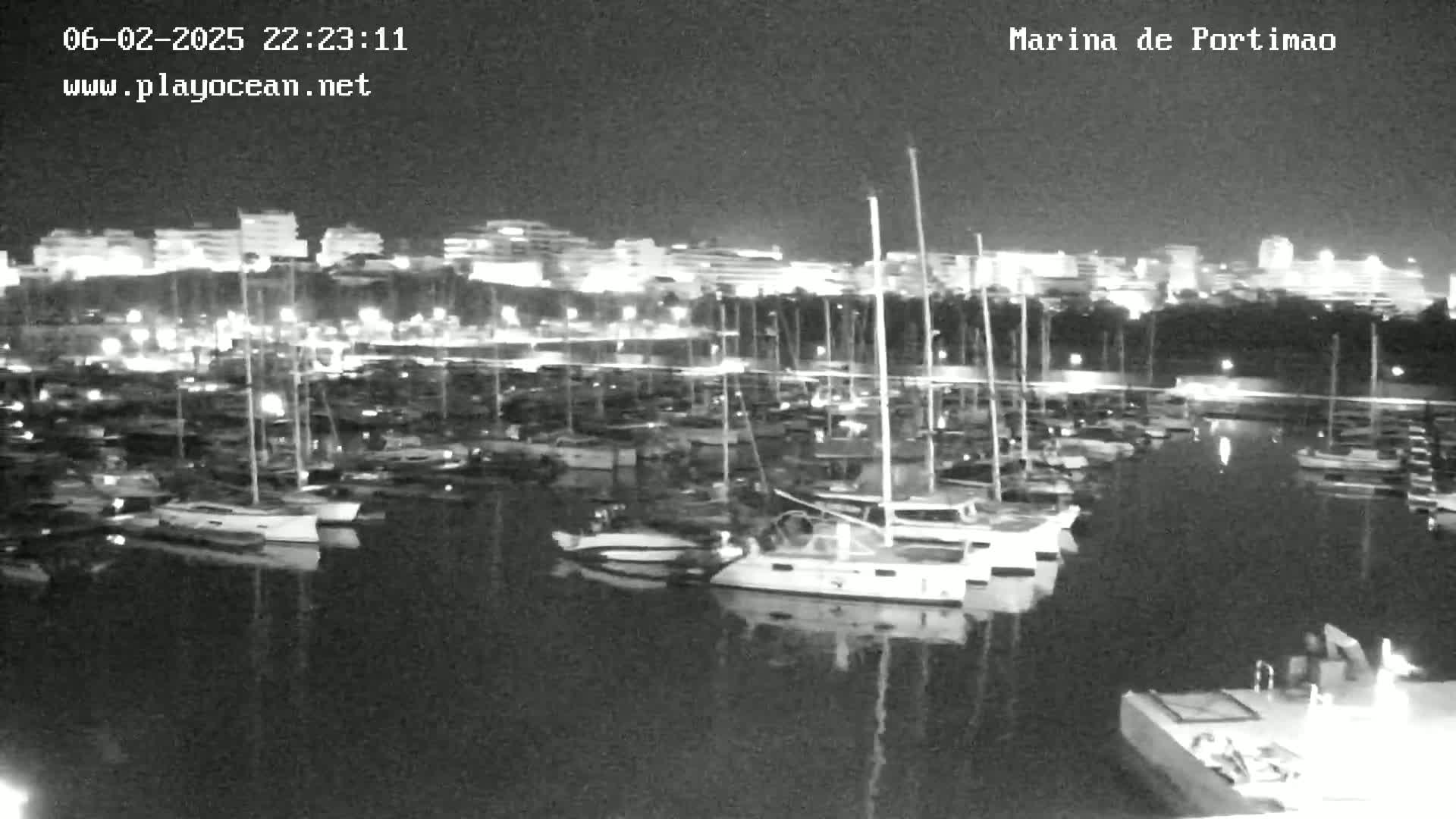 A nighttime, black and white view of a marina filled with sailboats and yachts, with a city skyline illuminated in the background.