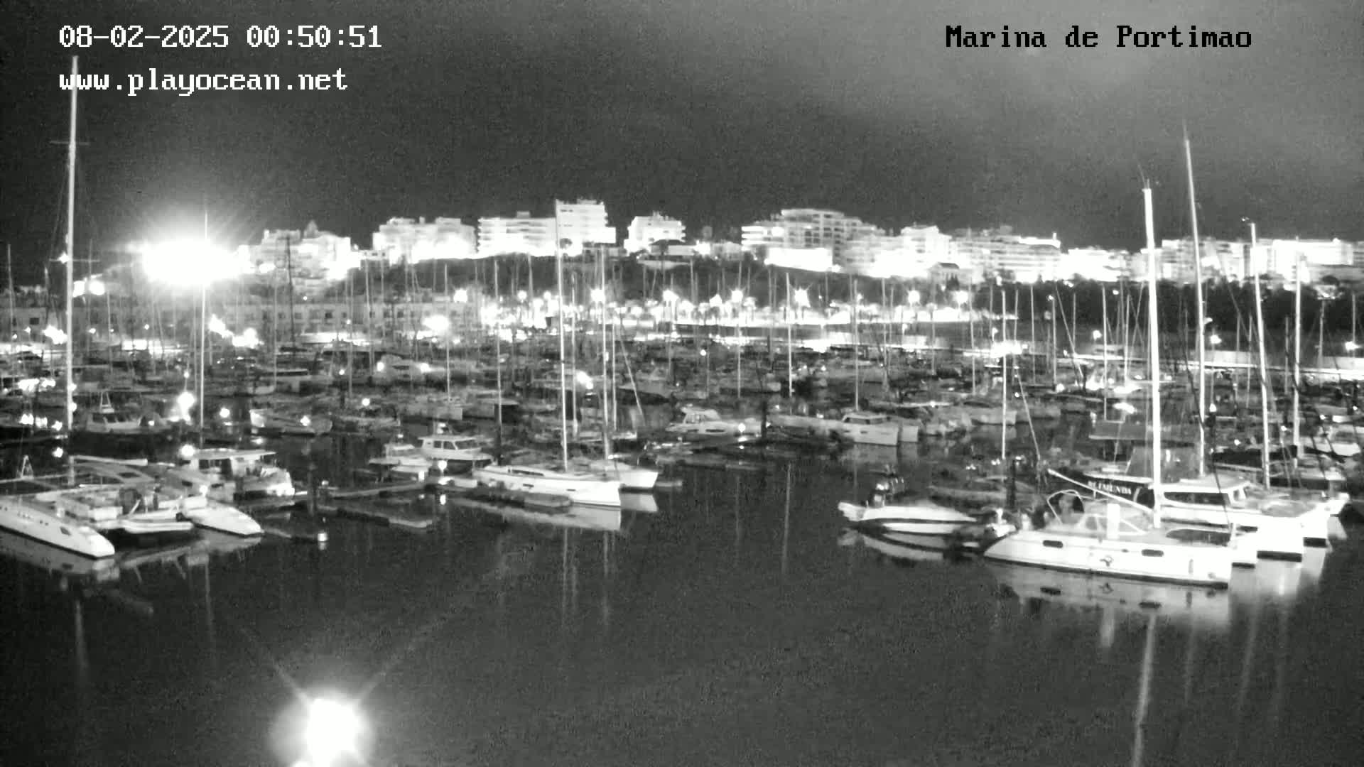 A nighttime, black and white view of a marina filled with many boats moored at their docks, with buildings illuminated in the background.