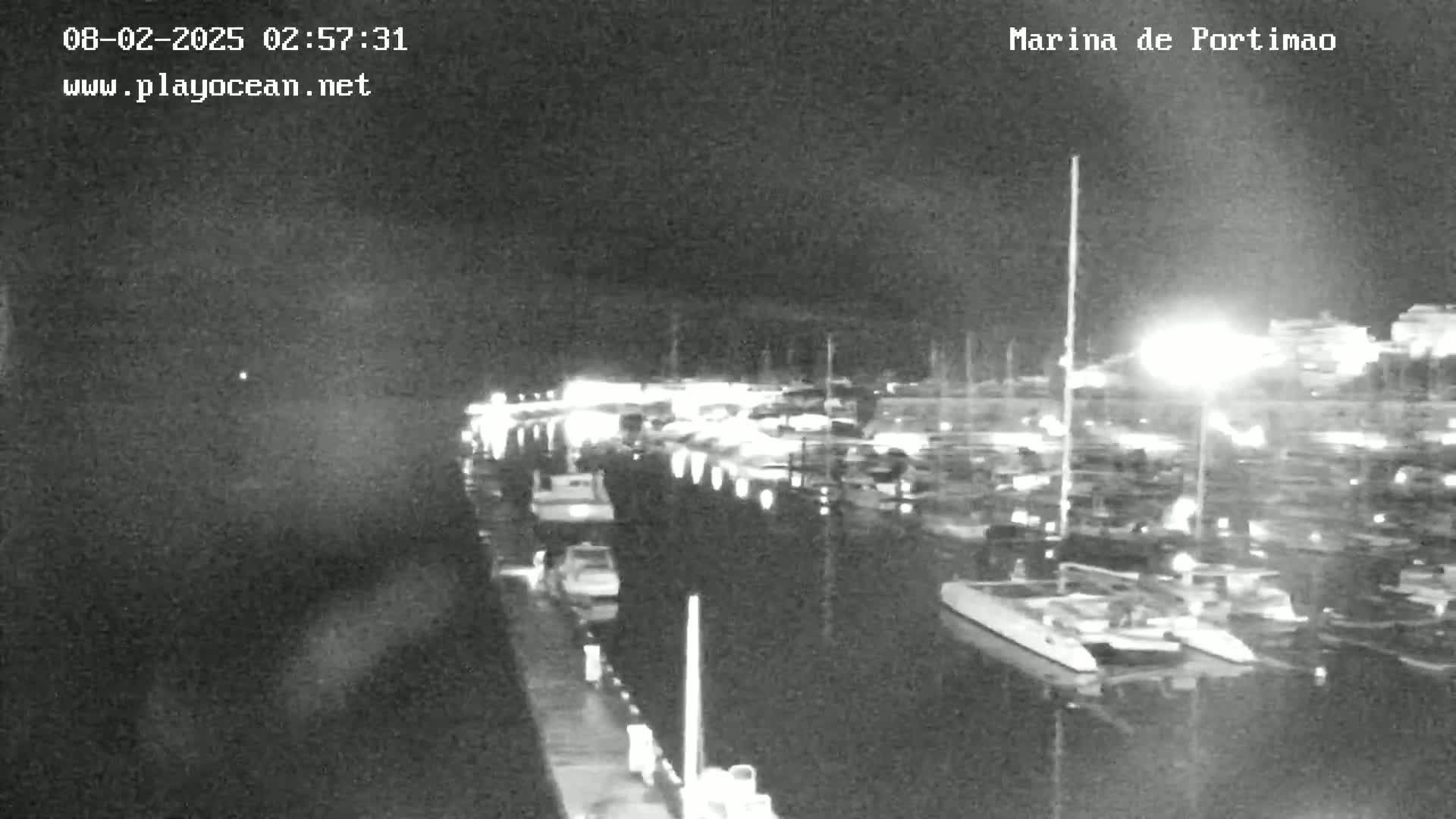 A nighttime, low-light view of a marina filled with boats, lit by artificial lights.
