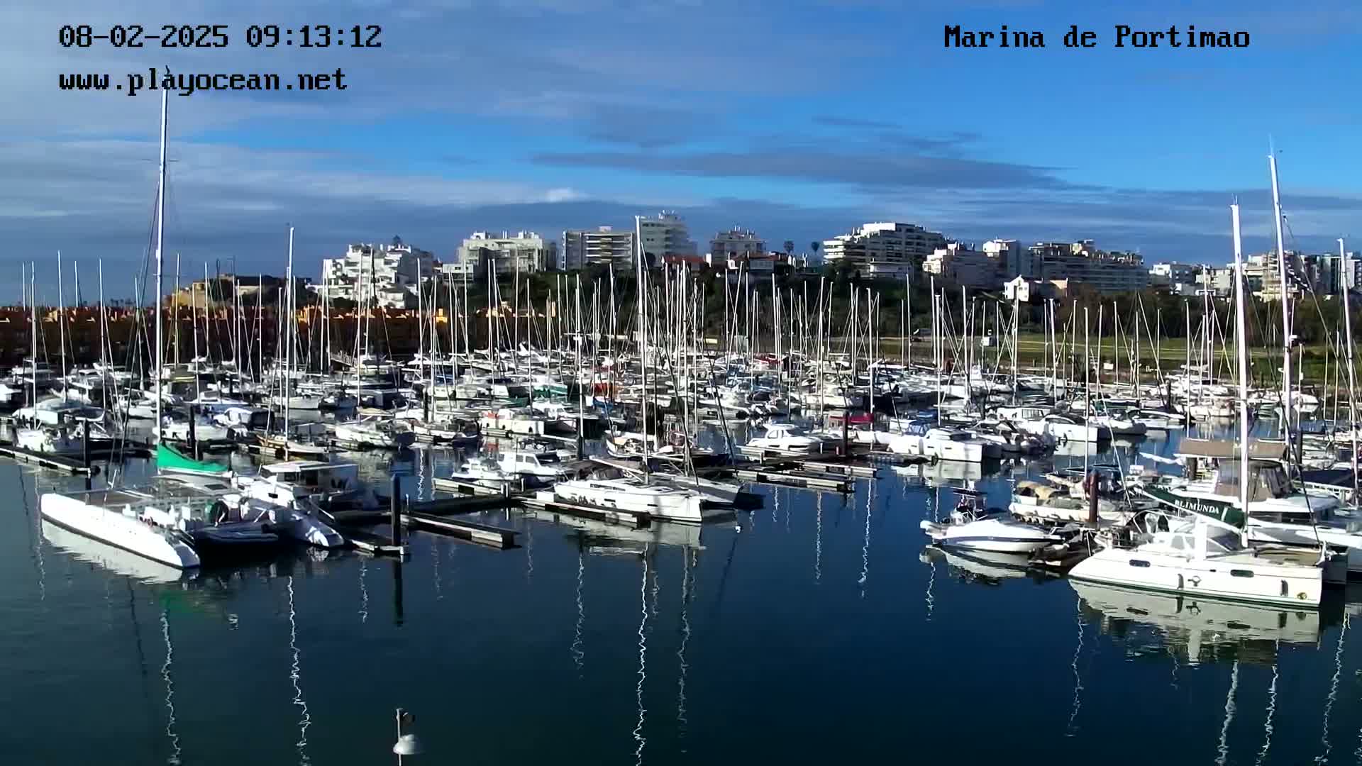 A marina filled with numerous sailboats and motorboats is situated in calm water under a mostly clear sky.