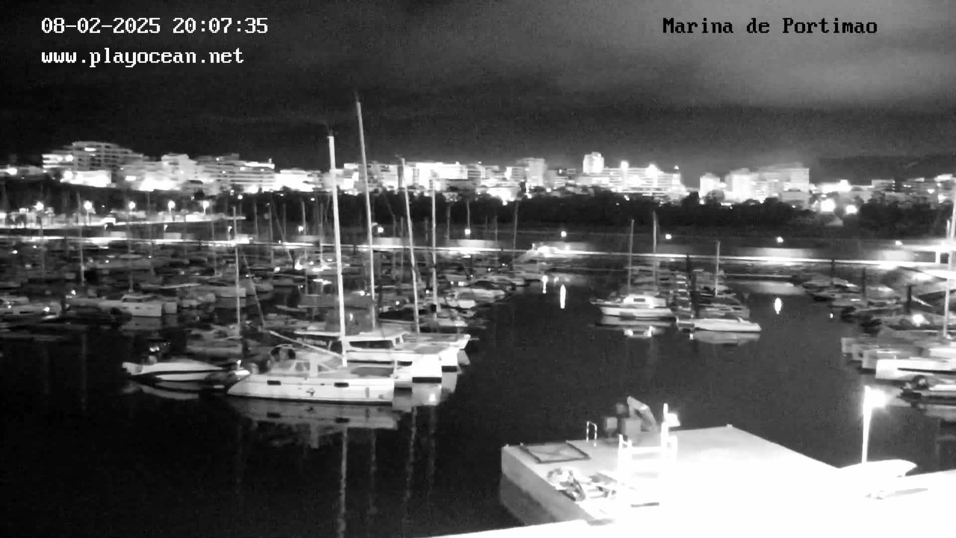 A nighttime, black and white view of a marina filled with boats, with a city skyline illuminated in the background.