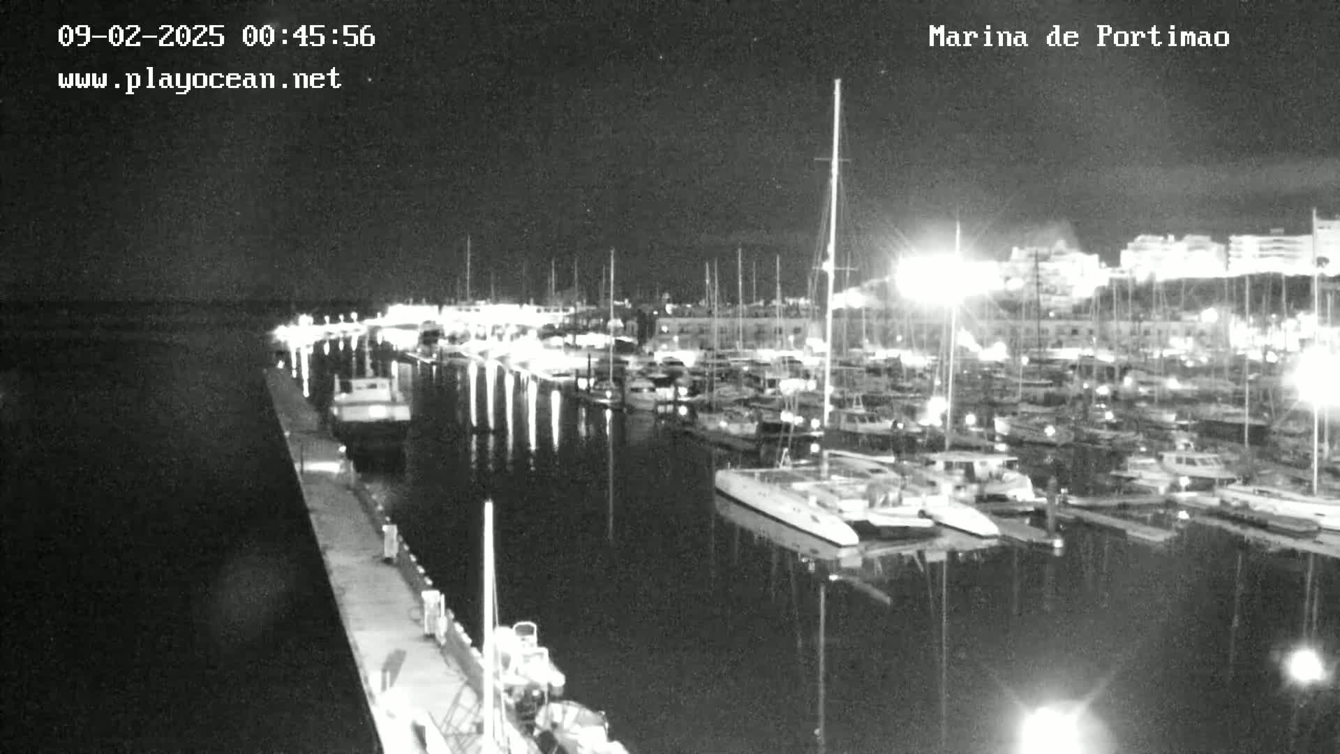 A nighttime, low-light view of a marina filled with numerous boats and yachts, docked along illuminated piers.
