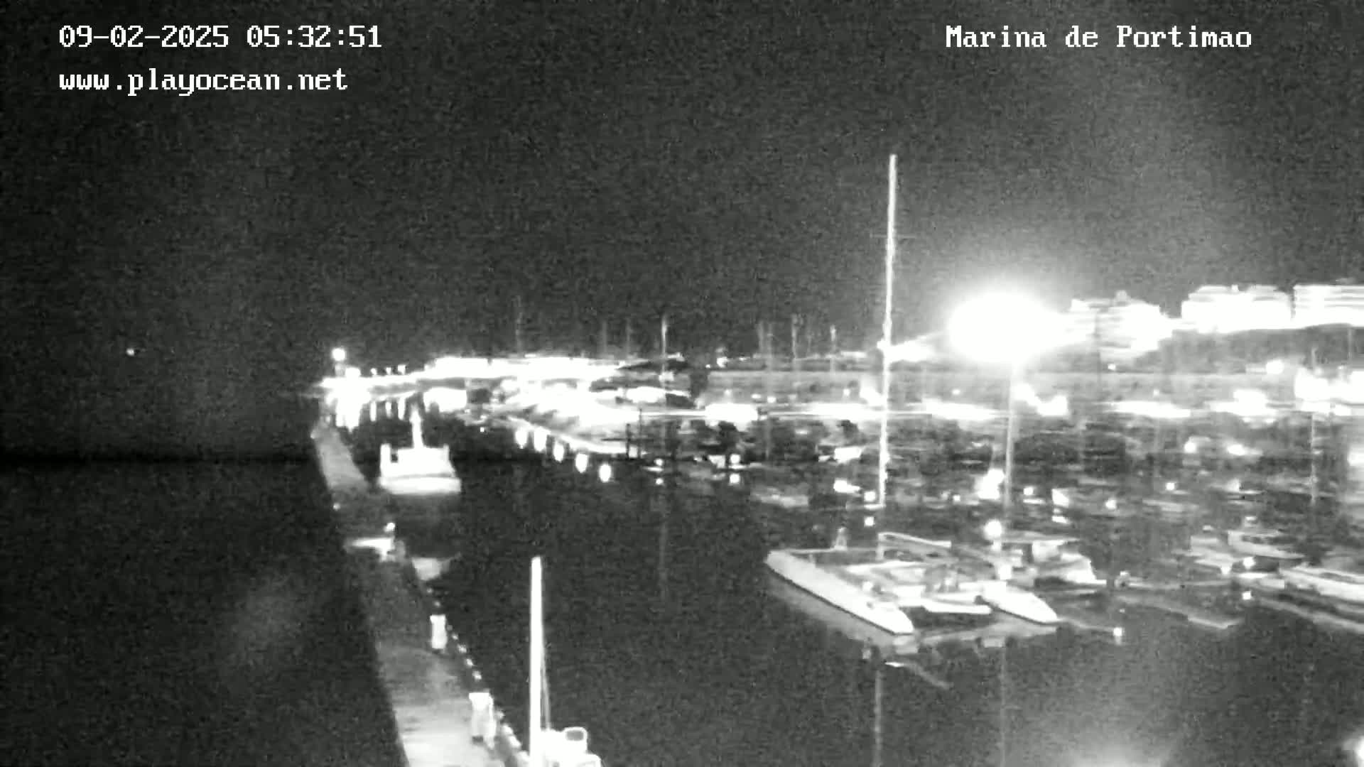 A nighttime, black-and-white view of a marina filled with boats docked along a calm body of water.