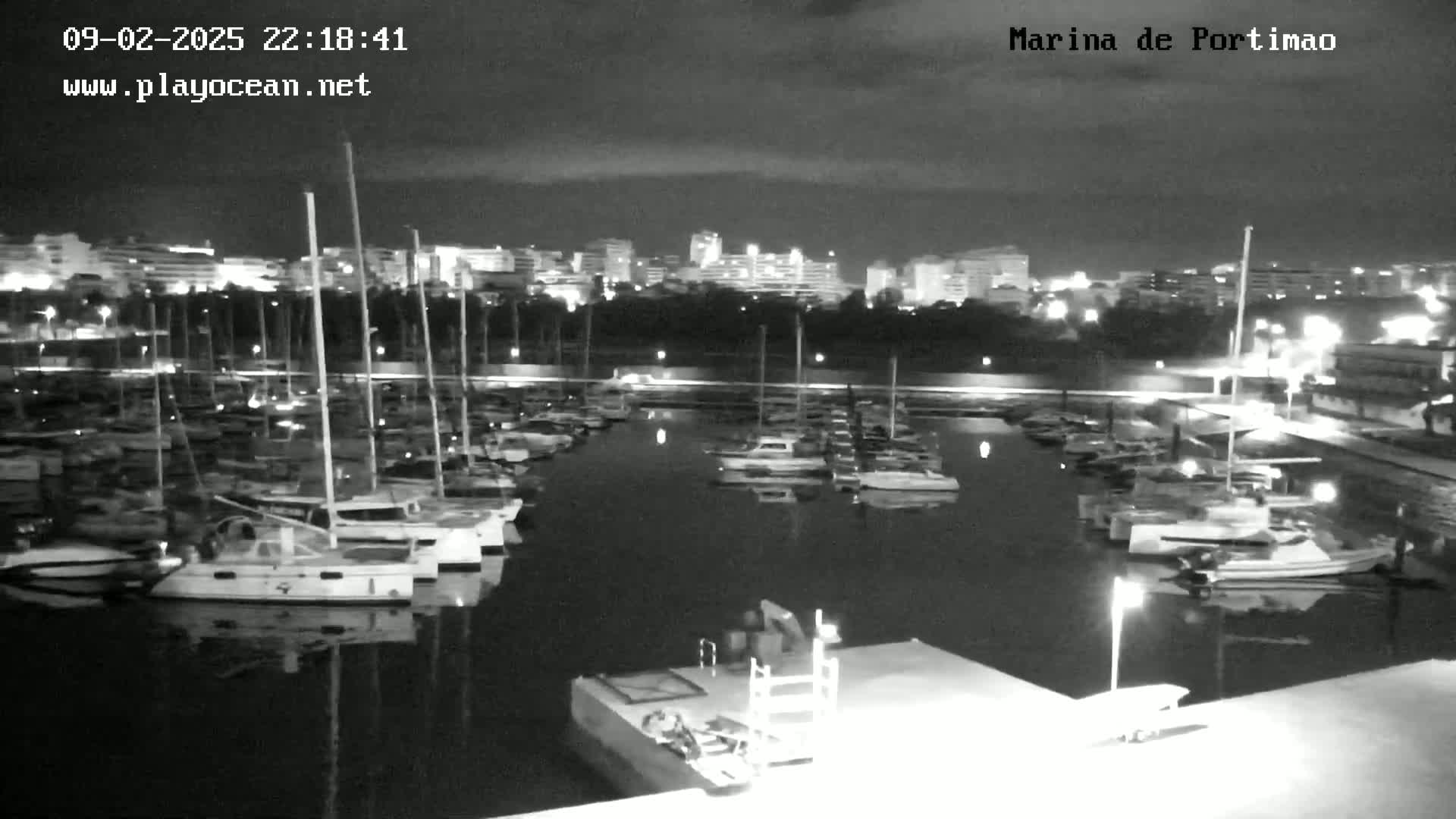 A nighttime, black and white view of a marina filled with sailboats, docked alongside a city illuminated by lights.